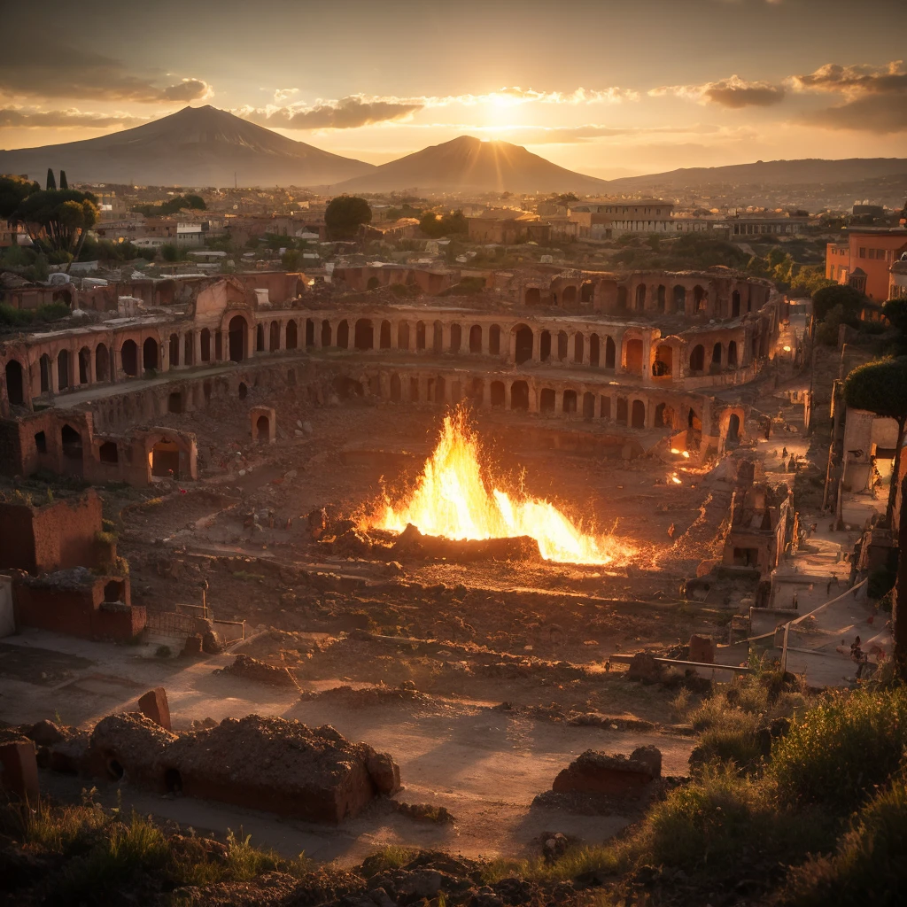 Vesuvius erupts, incandescent lava submerges Pompeii. Roman ruins and wasted Colosseum. Dawn over ancient Pompeii, ancient Rome, the city of Pompeii, the heyday, behind roman city the volcano Vesuvius erupting, lava runs in the streets and over houses in flames. Roman pillars in front view. Close up of pillars. 8k render, HDR,