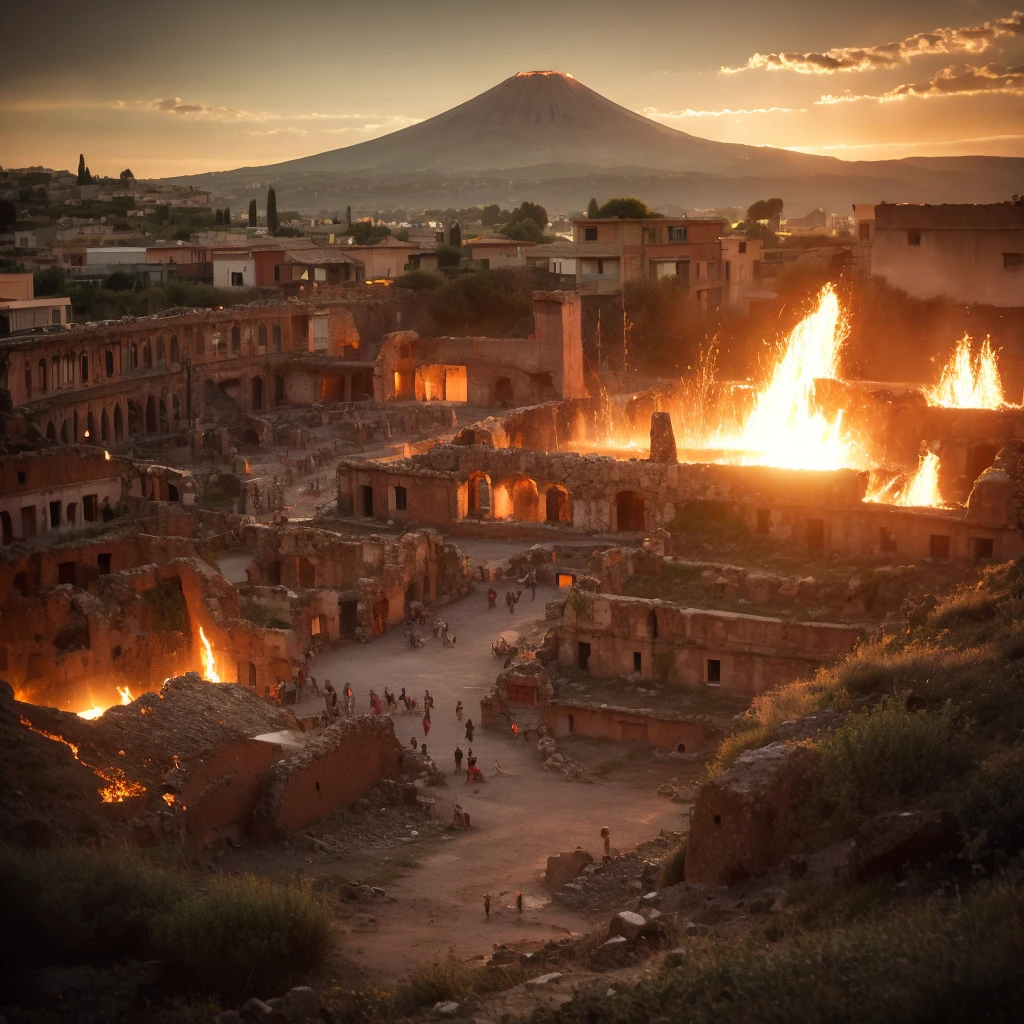 Vesuvius erupts, incandescent lava submerges Pompeii. Roman ruins and wasted Colosseum. Dawn over ancient Pompeii, ancient Rome, the city of Pompeii, the heyday, behind roman city the volcano Vesuvius erupting, lava runs in the streets and over houses in flames. Roman pillars in front view. Close up of pillars. 8k render, HDR,