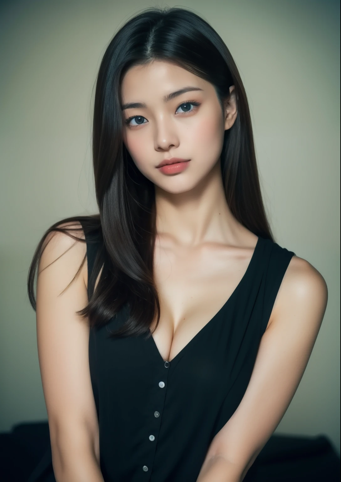 Beautiful 19 year old Japanese woman。 she is wearing a sleeveless blouse. She looks ecstatic as if she had an orgasm during fuck on the bed。her dark brown hair. High resolution、masterpiece、highest quality、頭w:1.0、((Hasselblad Photos))、fine skin、(movie lighting)、clavicle . full body picture.