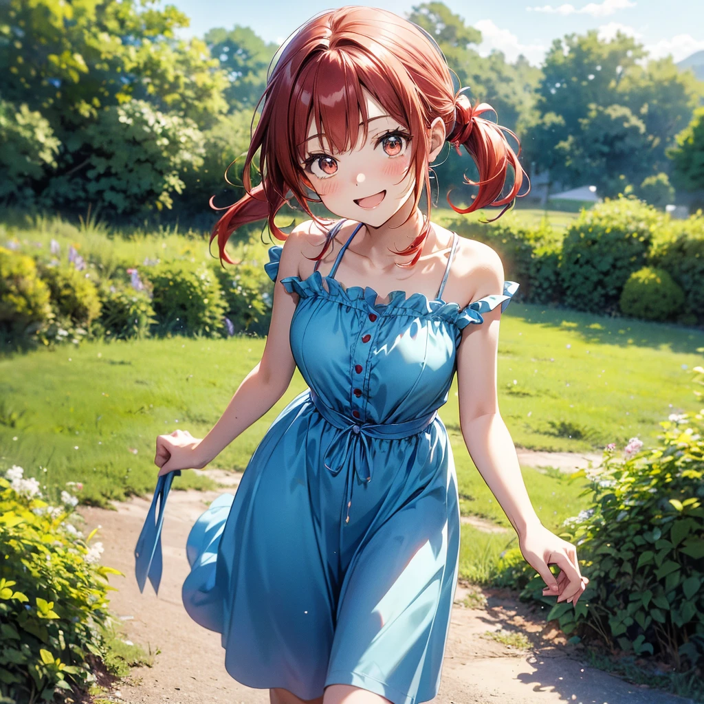 ore no imouto ga konna ni kawaii wake ga nai, 25-yers-old girl with crimson red hair- pulled up into twin ponytails, wearing a blue sundress, country field background, smiling, walking 