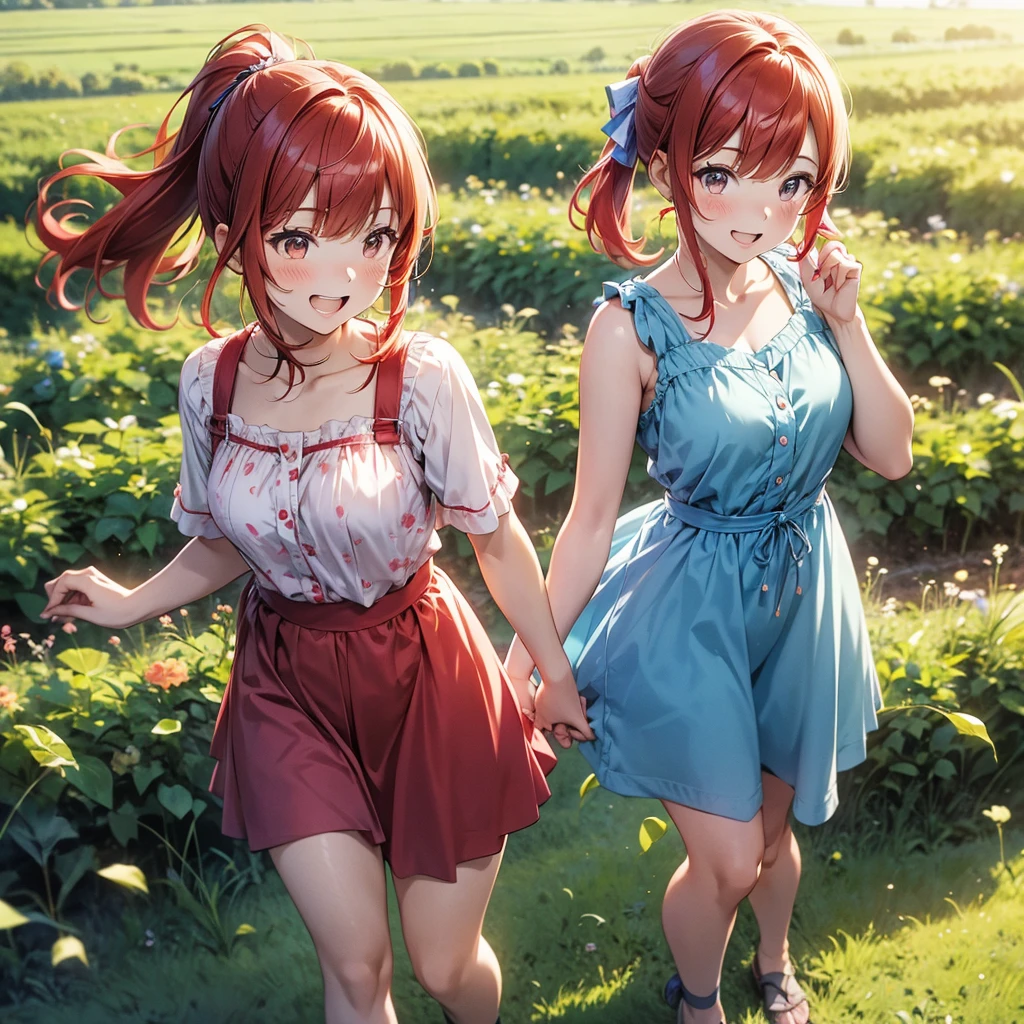 ore no imouto ga konna ni kawaii wake ga nai, 25-yers-old girl with crimson red hair- pulled up into twin ponytails, wearing a blue sundress, country field background, smiling, walking