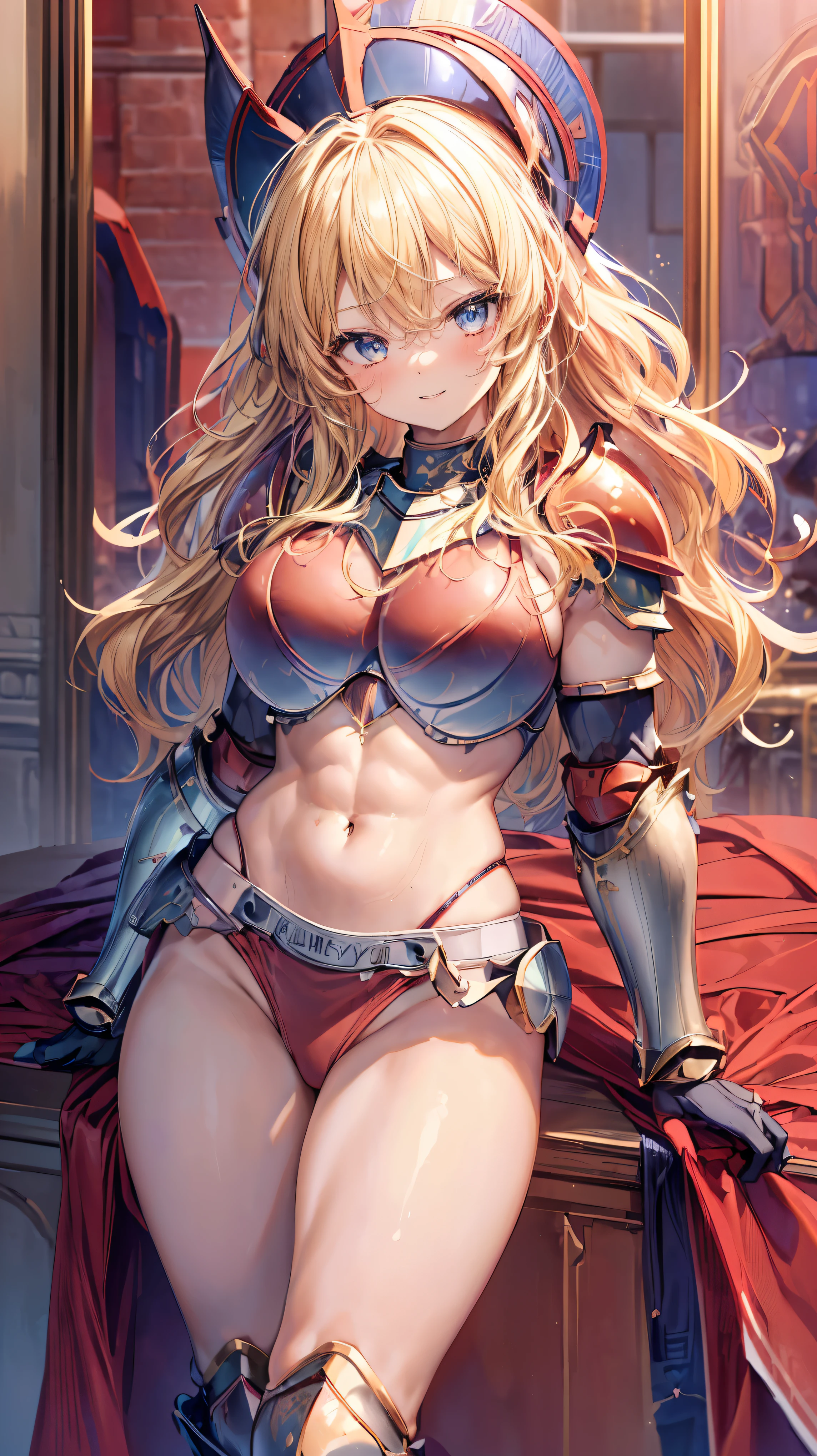 Very detailed、highest quality、Best image quality、masterpiece、8k、Anime Face、A kind smile、Open your mouth、Sparkling blue eyes、(Blonde wavy hair:1.5)、、Muscles of the whole body、camisole、Thigh belt、mini skirt、(Wearing red bikini armor:1.5)、(Cowboy Shot:1.5)、(Leg armor:1.5)、Wearing a helmet
