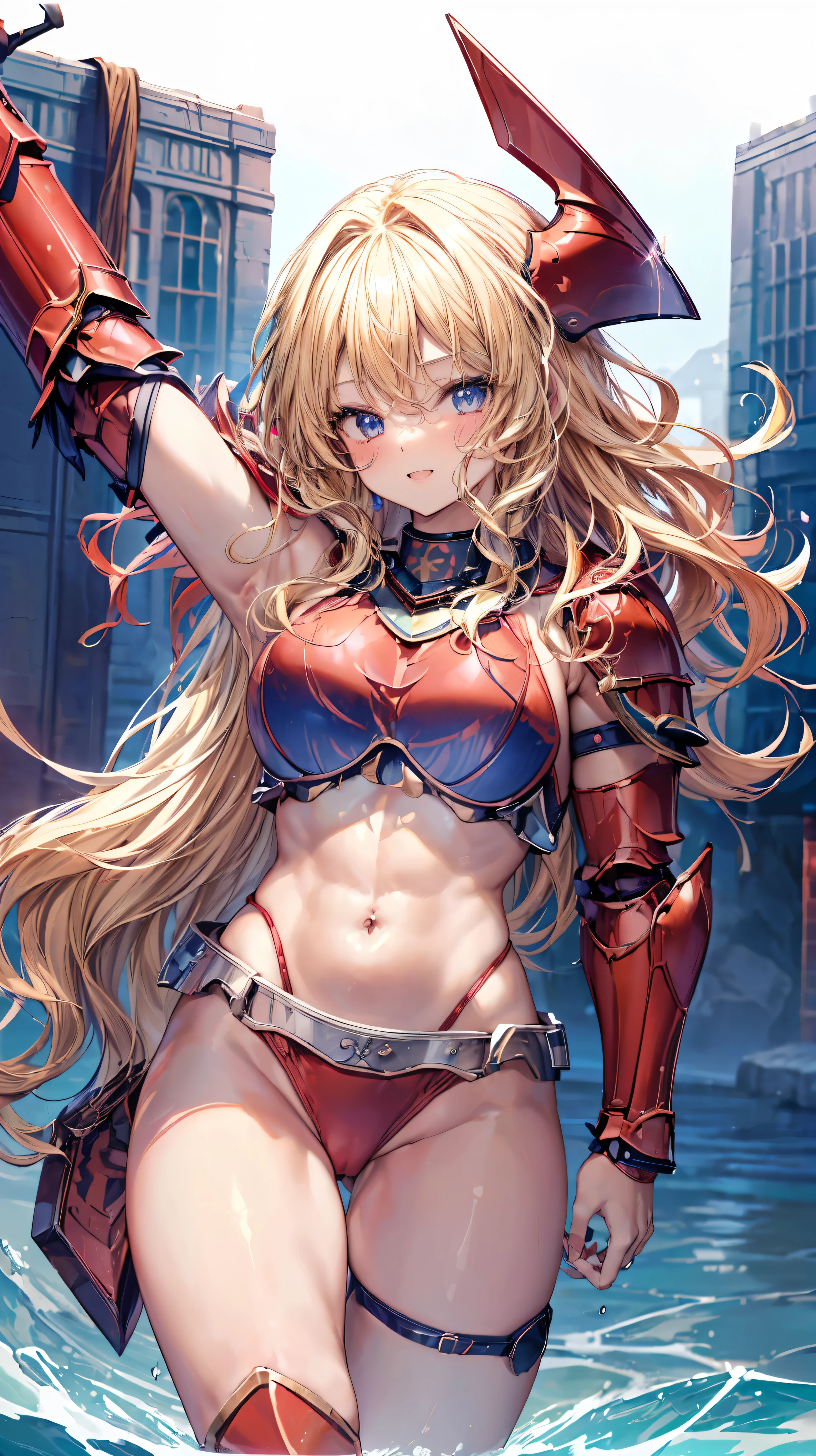 Very detailed、highest quality、Best image quality、masterpiece、8k、Anime Face、A kind smile、Open your mouth、Sparkling blue eyes、(Blonde wavy hair:1.5)、、Muscles of the whole body、camisole、Thigh belt、mini skirt、(Wearing red bikini armor:1.5)、(Cowboy Shot:1.5)、(Leg armor:1.5)、Wearing a helmet