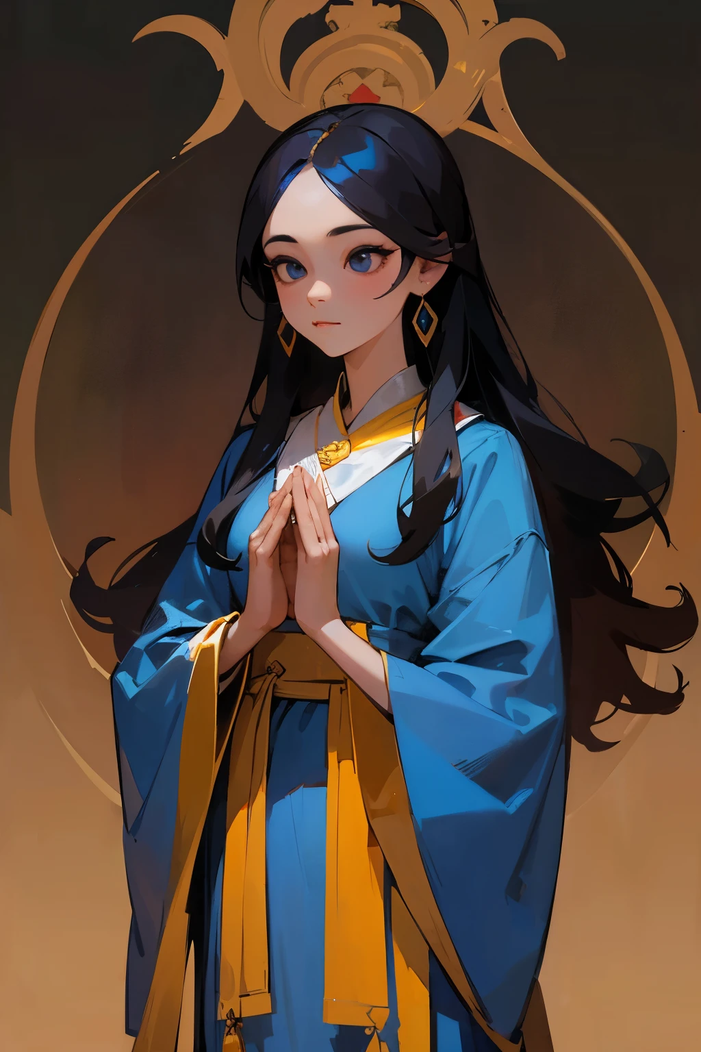Woman in blue dress, Thai Rajaniyom style During the reign of King Rama V, standing with hands clasped in prayer, Big eyes, portraits with the most realistic faces, long curly hair.
