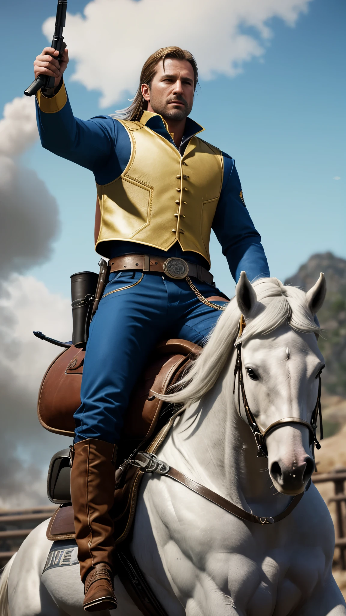 Hyper-realistic 8k octane rendering, intricately crafted in Maya, Blender, and Photoshop, exuding a cinematic atmosphere, dynamics, and dramatic cinematic lighting that brings Arthur Morgan from Read Dead 2 to life. Wearing the futuristic gold uniform with vibrant blue borders, the intricacies of his muscles and correct anatomy showcased in all its aesthetical beauty, a high-resolution masterpiece. The 12 caliber gun in his right hand, accurately modeled and textured, adds to the hyperrealistic narrative, while perched atop a majestic (((pegasus))) white steed, a dynamic pose capt