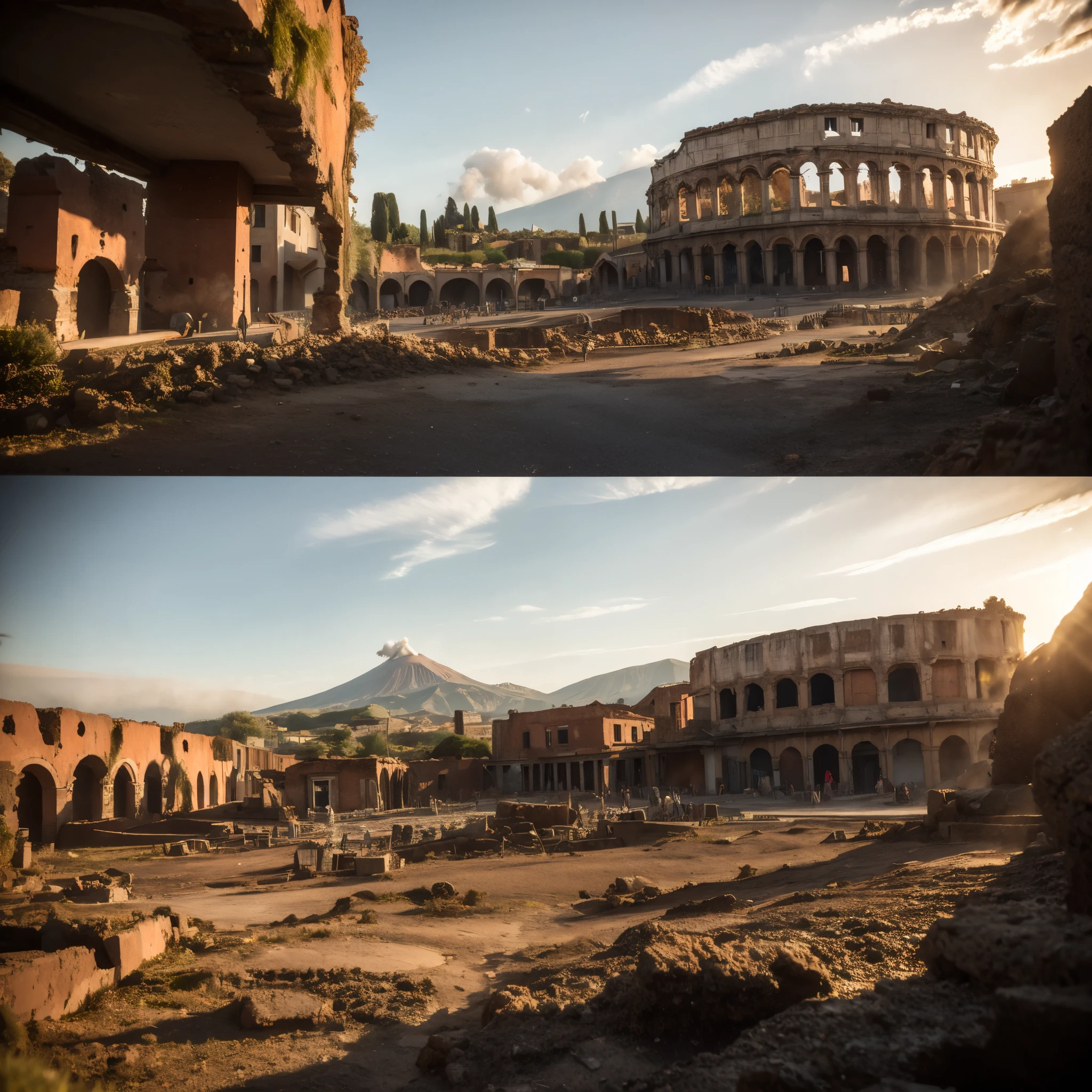 Vesuvius erupts, incandescent lava submerges Pompeii. Roman ruins and wasted Colosseum. Dawn over ancient Pompeii, ancient Rome, the city of Pompeii, the heyday, behind roman city the volcano Vesuvius erupting, lava runs in the streets and over houses in flames. Roman pillars in front view. Close up of pillars. 8k render, HDR,