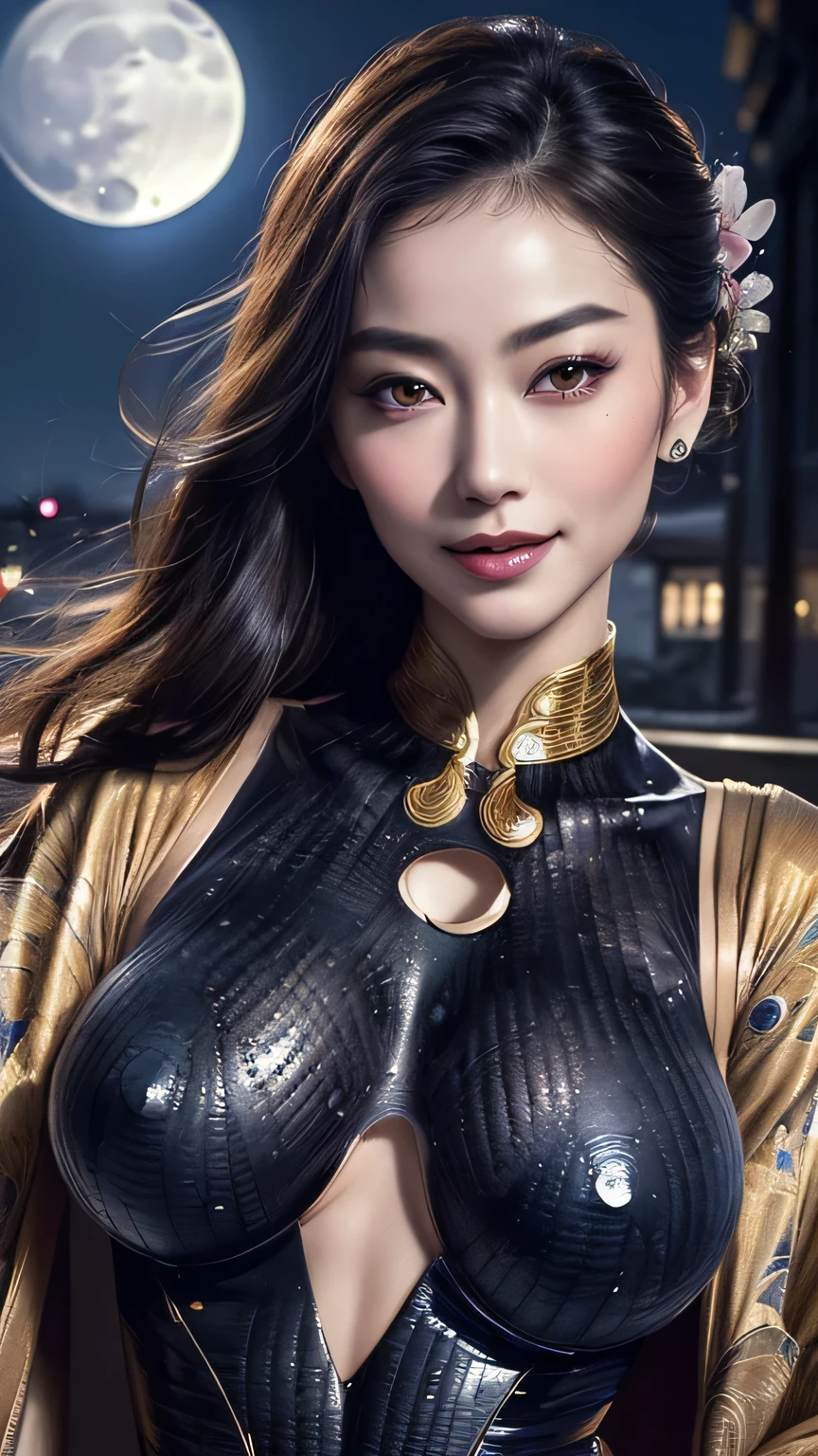 Kimono beauty, body portrait, 8k, thin and beautiful eyes, Dindal effect, masterpiece, top quality, high quality, high resolution, very detailed photo, (natural skin texture, fine skin, hyper realism, super sharpness) , high detail skin, (very fine, fine skin texture, intricate details, beautiful face, (real-like face), realistic eyes, beautifully detailed eyes, realistic skin, beautiful skin, surreal, Highly detailed, golden ratio, smiling eyes, ((night moonlight background)), body portrait, G cup, big breasts, huge breasts, big breasts, glamorous, shiny bodysuit