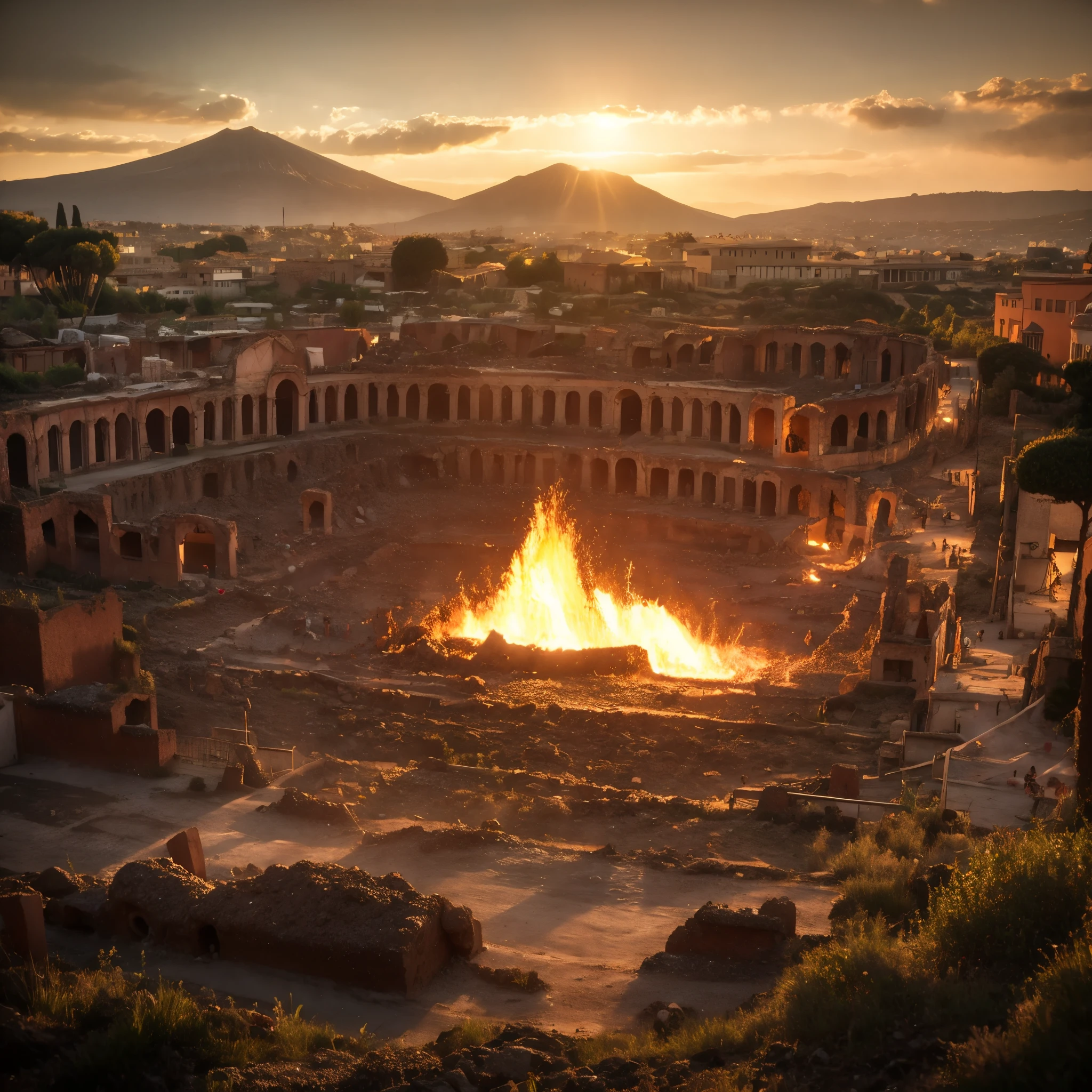 Vesuvius erupts, incandescent lava submerges Pompeii. Roman ruins and wasted Colosseum. Dawn over ancient Pompeii, ancient Rome, the city of Pompeii, the heyday, behind roman city the volcano Vesuvius erupting, lava runs in the streets and over houses in flames. Roman pillars in front view. Close up of pillars. 8k render, HDR,