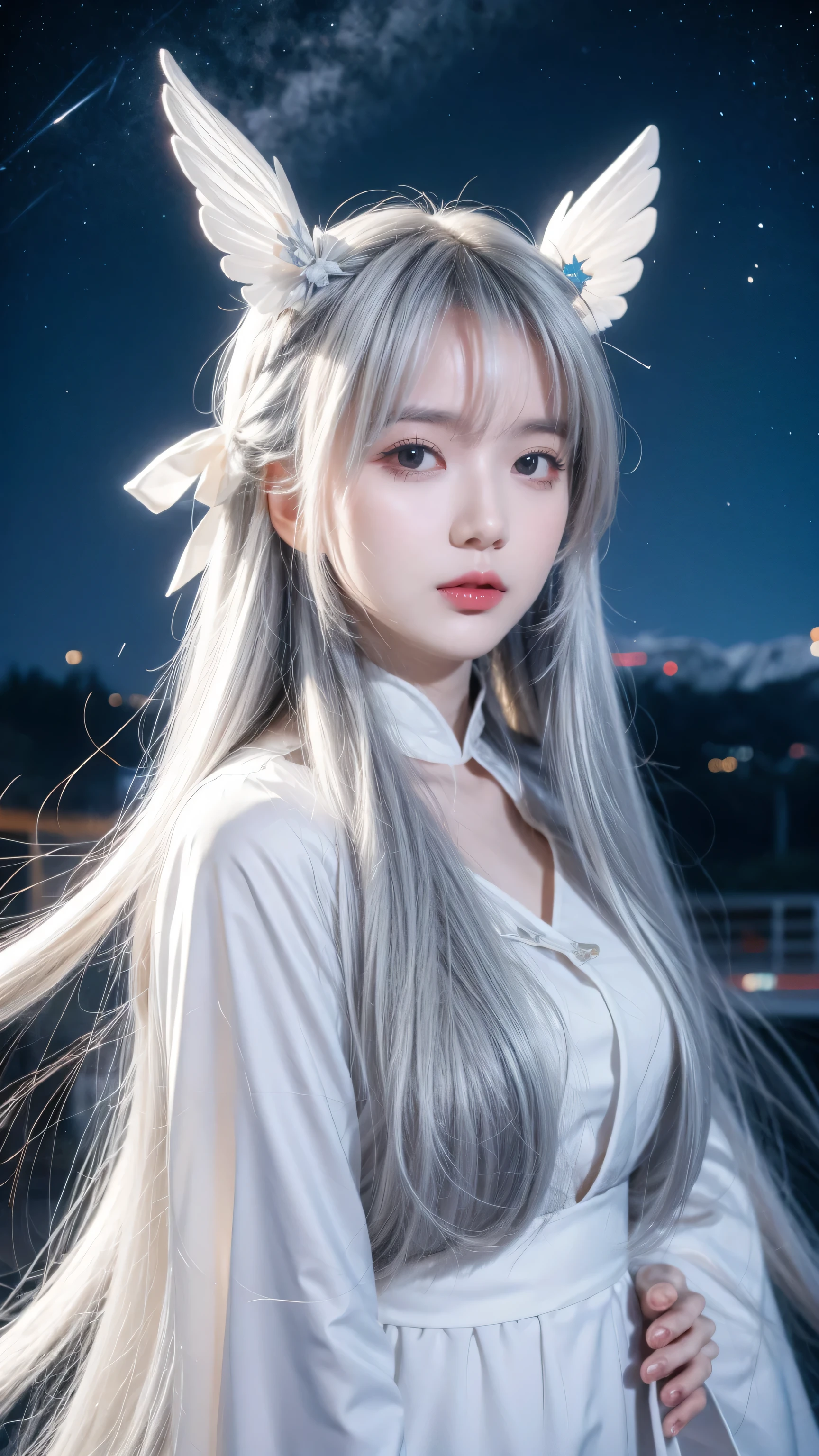 anime girl with long white hair and a Star in her hair, White-haired deity, Anime girl with cosmic long hair, Star(Sky) Starry_Sky, Anime visuals of cute girls, Ink art anime , White halo, white hair girl, Ethereal Anime, akasuki voidStar, Heavenly Spirit, Night Core, Anime cute art style