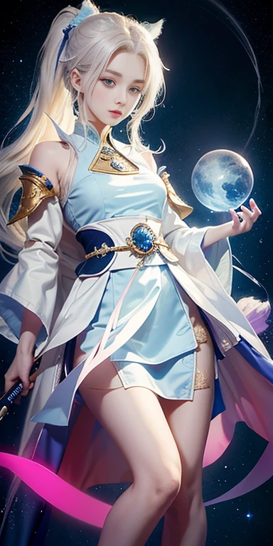 Realistic,masterpiece,The best quality at its best,highest quality,Ultra-high resolution,(Really感),(Fine grain:1.4),(Really,Really感:1.4),Perfect lighting,(Full Body Lesbian)、Perfect lighting,(Full Body Lesbian)、White hair and blue eyes anime girl holding a glowing ball, Beautiful Celestial Magician, onmyoji detailed art, Keqing of Genshin Impact, Epic Wizard Girl Character, ayaka genshin impact, Female Wizard, Kshat Krentz Key Art Female, White-haired God, Astral Witch Outfit, Beautiful woman witch