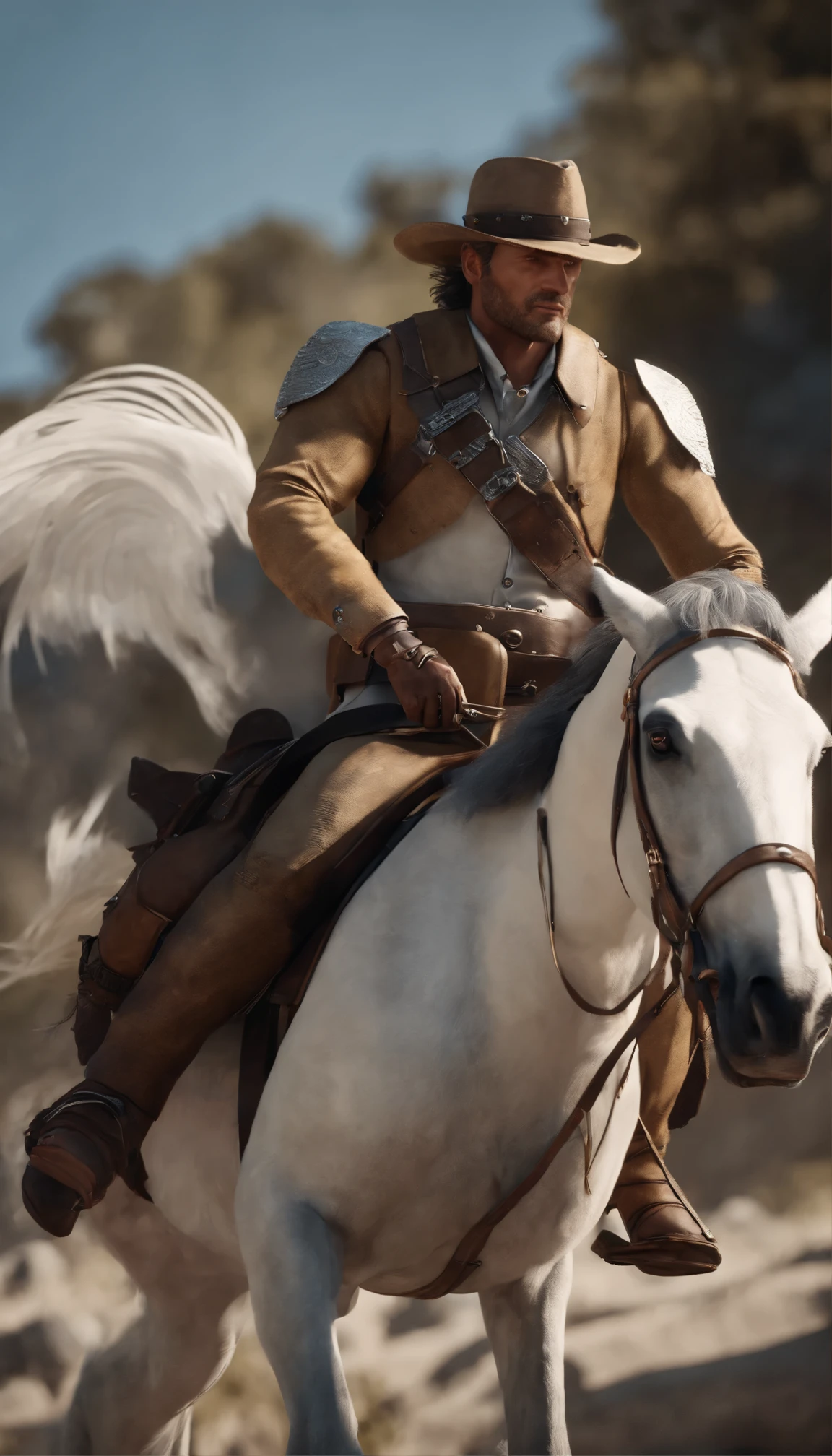 Maya、Blender、Ultra-realistic 8K Octane renders crafted in Photoshop、Cinematic atmosphere、dynamics、Creates dramatic cinematic lighting、Bring Arthur Morgan from Read Dead 2 to life。They wear futuristic gold uniforms with vibrant blue trim.、His muscular complexity and correct anatomical structure、Displayed in all its aesthetic beauty、It is a masterpiece of high resolution。The 12-caliber gun in his right hand、Accurately modeled、It is textured、Majestic(((Pegasus)))Sitting on a white horse、Dynamically posed Captain adds to the hyper-realistic storytelling