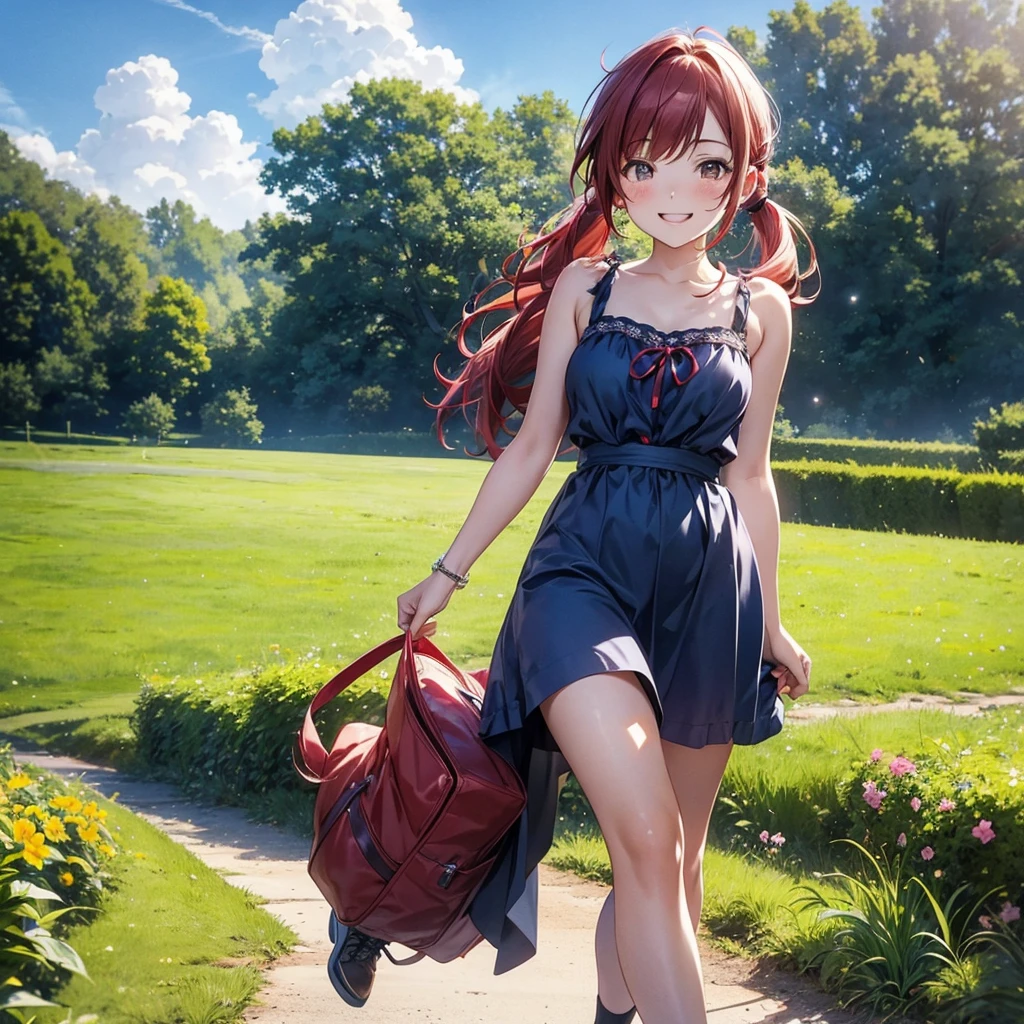 1_girl, solo, ore no imouto ga konna ni kawaii wake ga nai, 25-yers-old girl with crimson red hair- pulled up into twin ponytails, wearing a blue sundress, country field background, smiling, walking