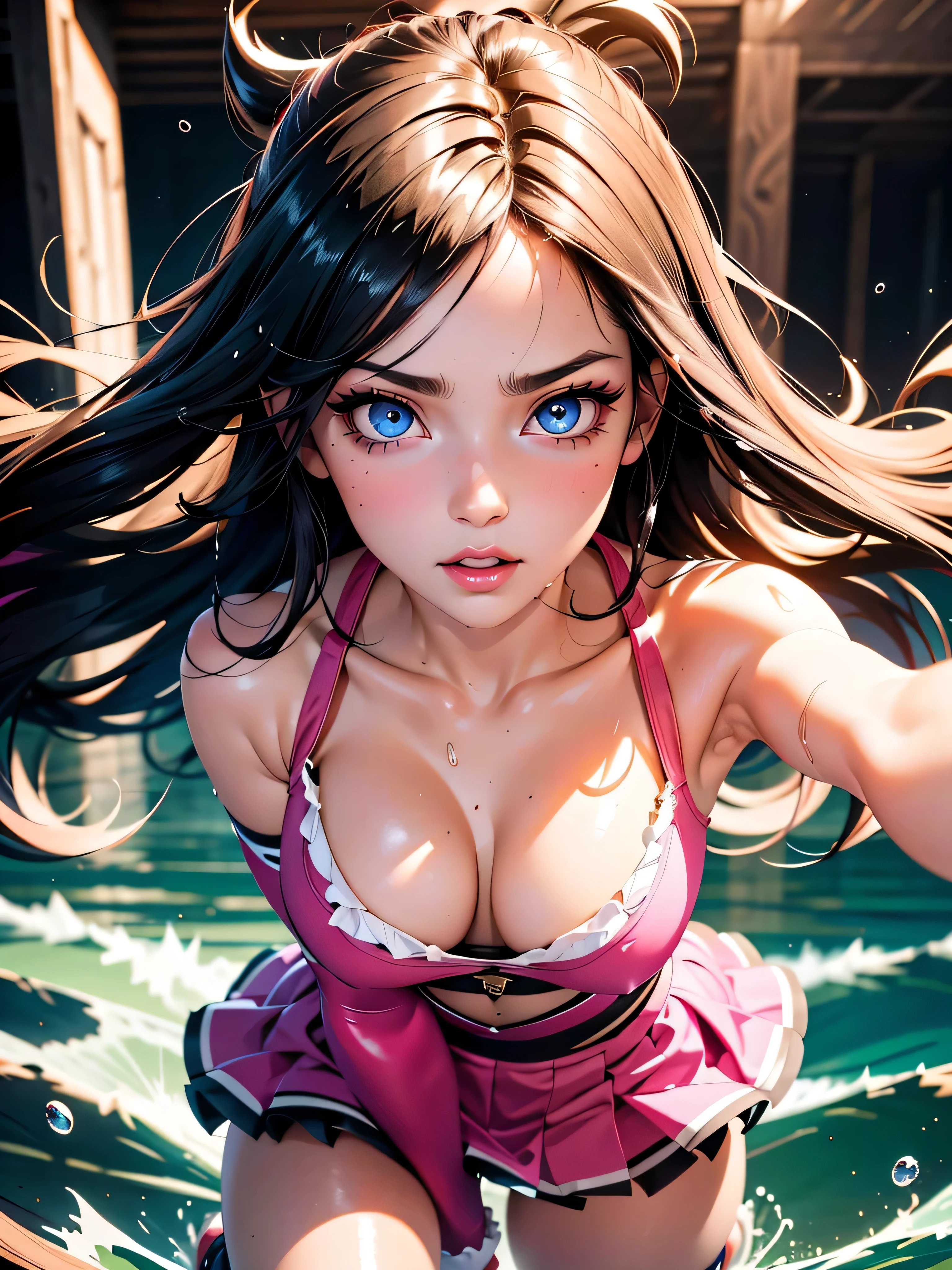 Black hair, dark hair, gothic, eyelashes, hair over one eye, blue eyes, ultra-detailed, high quality, highres, absurdres, best quality, best quality, long hair, bright pupils, pink lips, extremely detailed, detailed face, shiny eyes, big breasts, large breasts, full body, sensual pose, pressed chest, cheerleader, sexy short skirt, tight top, wet