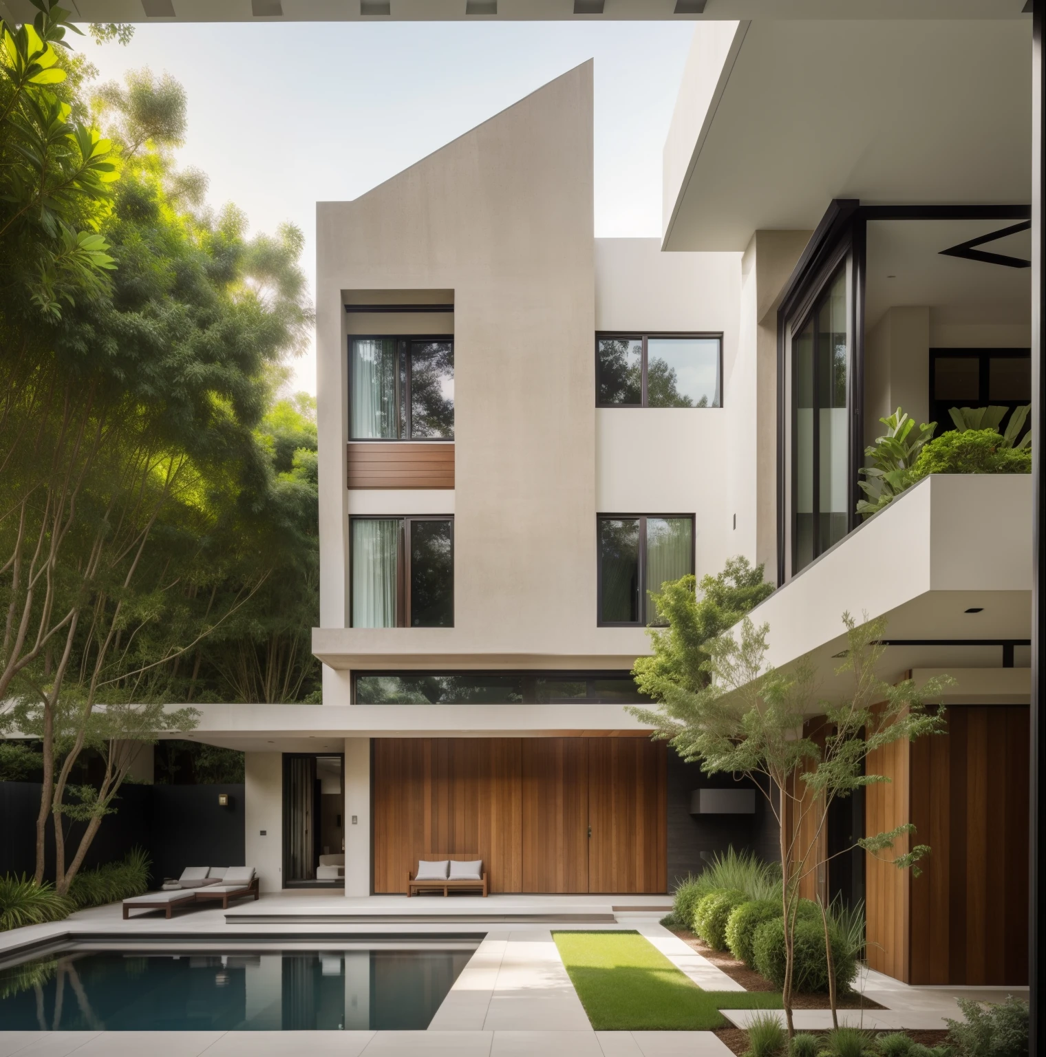 Exterior, morden house, day light, A modern street-facing house seamlessly integrates natural elements into its design. The architecture embodies an urban oasis concept, featuring a balcony adorned with lush greenery and a front yard that blends nature with the urban environment. Soft ambient lighting casts a warm and welcoming glow. Channeling the spirit of renowned architect Frank Lloyd Wright, this design showcases his signature organic architecture style. The medium for this artwork is an architectural blueprint rendered in high-definition 3D graphics, emphasizing every detail of the design. The color scheme primarily consists of earthy tones and various shades of green, enhancing the connection to nature