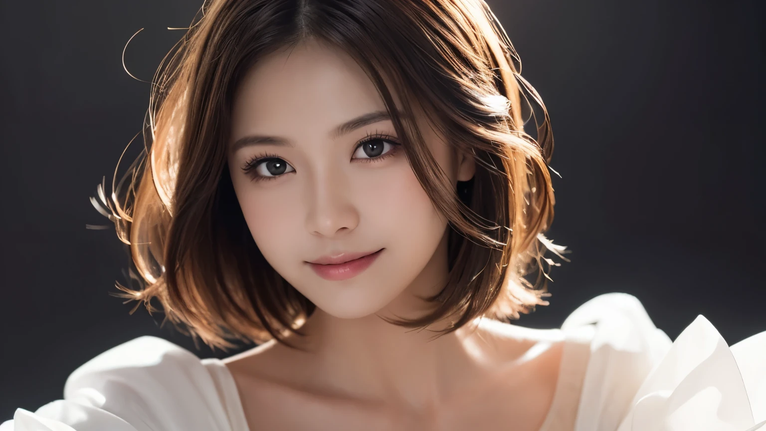 One Girl, (Dress in trendy fashion:1.2), (RAW Photos, highest quality), (Realistic, Photorealistic:1.4), Tabletop, Very delicate and beautiful, Very detailed, 2k wallpaper, wonderful, In detail, Very detailedな CG Unity 8K 壁紙, Very detailedな, High resolution, Soft Light, Beautiful detailed girl, looking at the camera、Very detailedな目と顔, Beautifully detailed nose, Beautiful fine details, short hair, small, High-end black suit、White background、Background is white、Cinema Lighting, Perfect Anatomy, Slender body, smile,