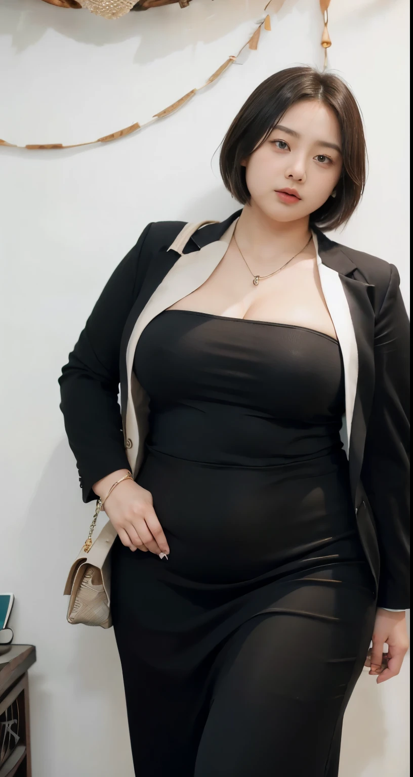 realisitic、Curvaceous woman standing alone, Woman in black business suit with hijab, with a business suit on, businesswoman, Woman in business suit with hijab , Wearing a white collar shirt under a suit、thick skirt、tight skirts、Girl in a suit, female in tight office dress, , Girl in suit, young business woman, in a business suit, business outfit, Wear a suit、Office Suits、、professional photograpy、Does not expose the skin, Japanese Models,、,The skin is not exposed、fleshy body, large boob、 hard 、、big butts、Big belly、thick waist、Body without tone、thick thight、thick arms、Round face、Fat face、chubby cheeks、Sauce order、big eye、A dark-haired、short-haired、Standing facing the front、Left hand pose on the hip、Right hand is down in a pose、Straight back posture、Sun background、chinese-Indonesian woman , full body , bracelet , necklace , , short hairstyle , fat belly , thick hips , dark room , , chubby cheeks , black room , wearing sneakers