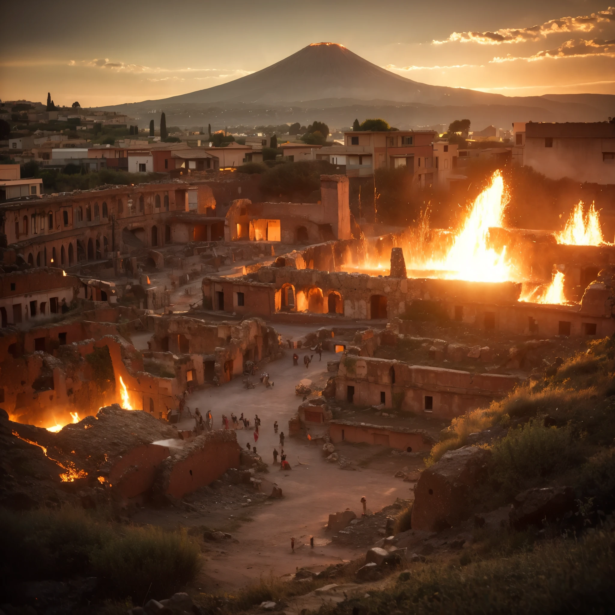 Vesuvius erupts, incandescent lava submerges Pompeii. Roman ruins and wasted Colosseum. Dawn over ancient Pompeii, ancient Rome, the city of Pompeii, the heyday, behind roman city the volcano Vesuvius erupting, lava runs in the streets and over houses in flames. Roman pillars in front view. Close up of pillars. 8k render, HDR,