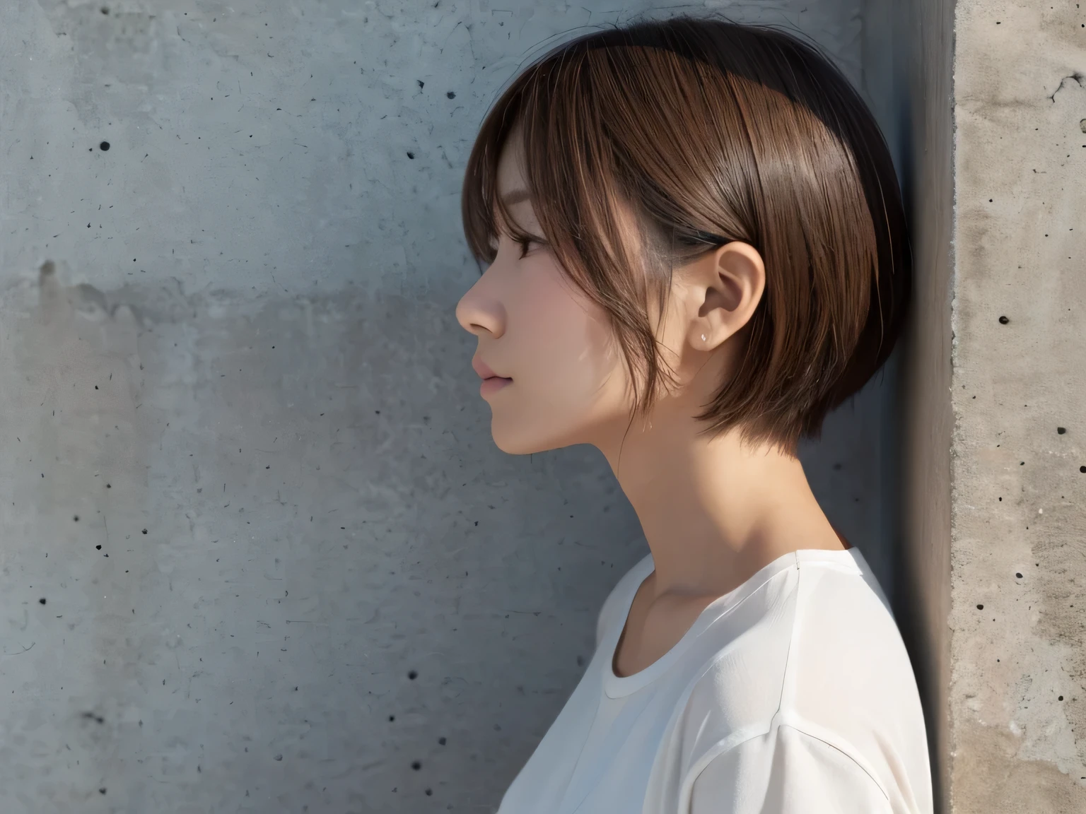 White shirt,Concrete wall with plain background,Light Brown Hair,Realistic skin texture,Slightly rough skin,Cute face,Japanese woman in her 20s,short hair,Depressed profile