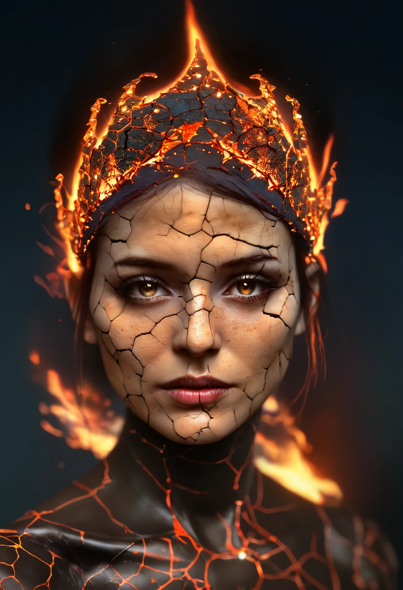 burning heroine, fantasy concept art, night scenery, fractal cracked surface, bokeh, (mixed styles by Alberto Seveso and Gediminas Pranckevicius and Wadim Kashin:1.2), breathtaking intricate details, dramatic natural lighting, reflective catchlights, cinematic, brilliant, sharp focus, fantastical and mysterious, maximalist masterwork by head of prompt engineering  