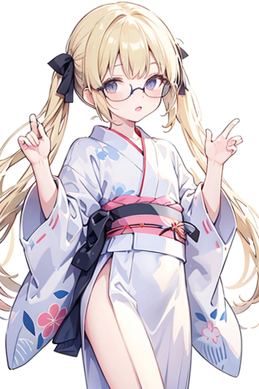 girl friend,micro yukata,Unbuttoned,Blonde twin tails,The yukata is transparent, ((younger sister:1.5)),Glasses,Flat Chest,