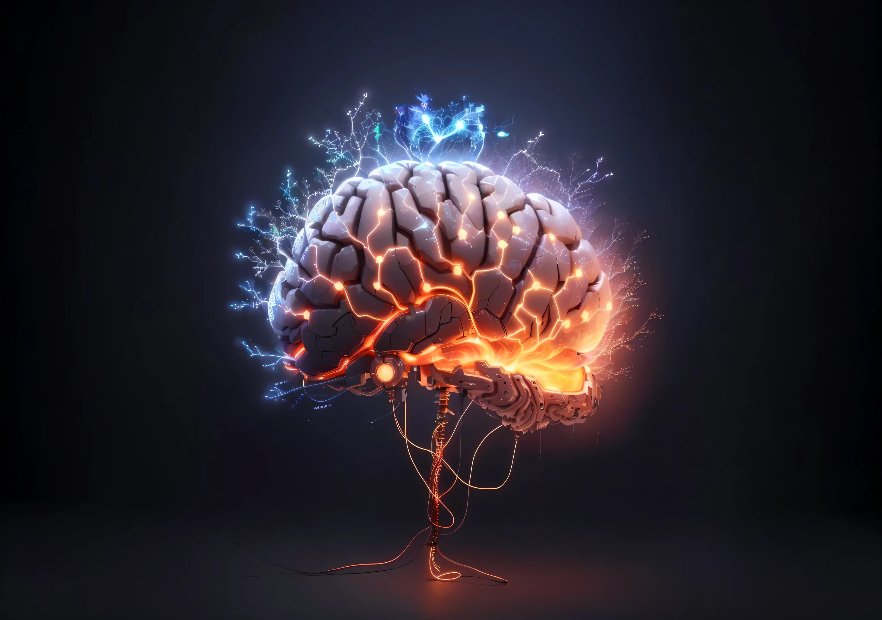 Diagram of the brain connected to wires, Brain-computer connection, Electronic brain, Gray matter and neurons, nootropic stimulant, neuro, brain interface, neuro, neuro networks, brain computer interface, brain visible, Human brain, Powerful artificial intelligence, deep knowledge, neuro network, Artificial awareness, neuro science miracle, Visible circuit on head