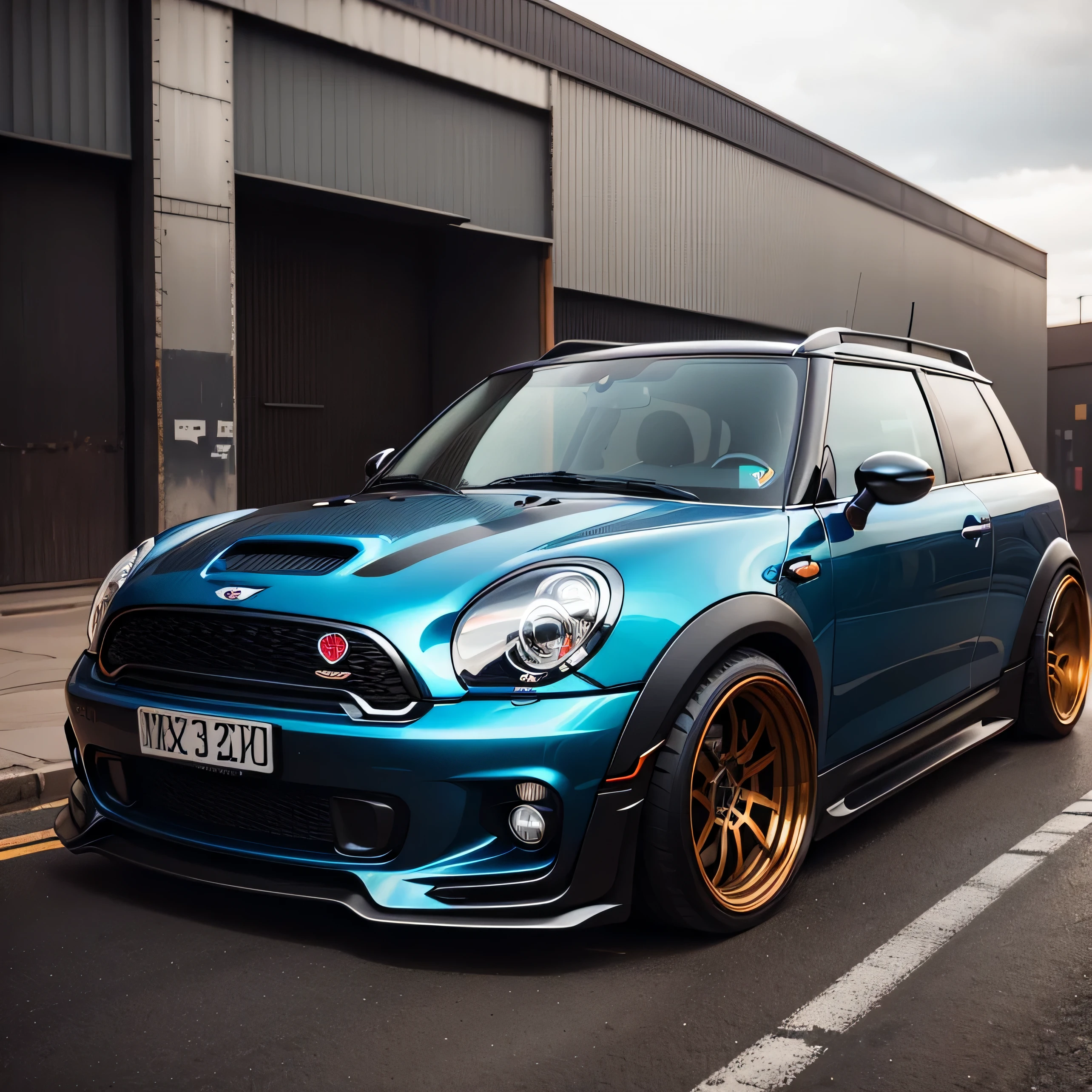 Blue Mini Cooper S Clubman wagon, ((carbon fibre, Liberty walk ultra wide body kit)), aggressive stance ((background: outside old industrial style building, large windows in background, overcast sky, heavy industrial look, cobble stone street)), 8K quality, realistic, realism, sharp, detailed, ultrawide, black and carbon fibre and deep candy colour scheme, front profile, epic stance, epic ultra wide body kit, super low stance, aggressive looks