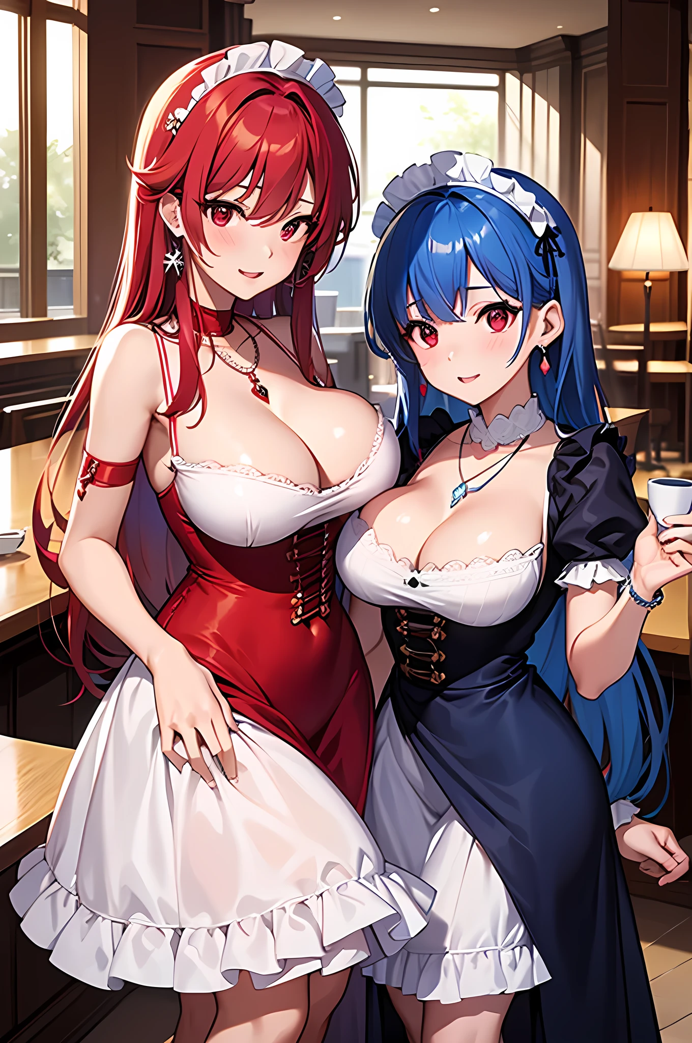 最high quality、best image quality、masterpiece、2 girl,milf、 By becoming、vest bust、large breast,tight dress、shining red eyes, lite blue hair、long hair、sexy maid dress ,diamond earrings、necklace、high quality、in a cafe , standing in a sexy pose