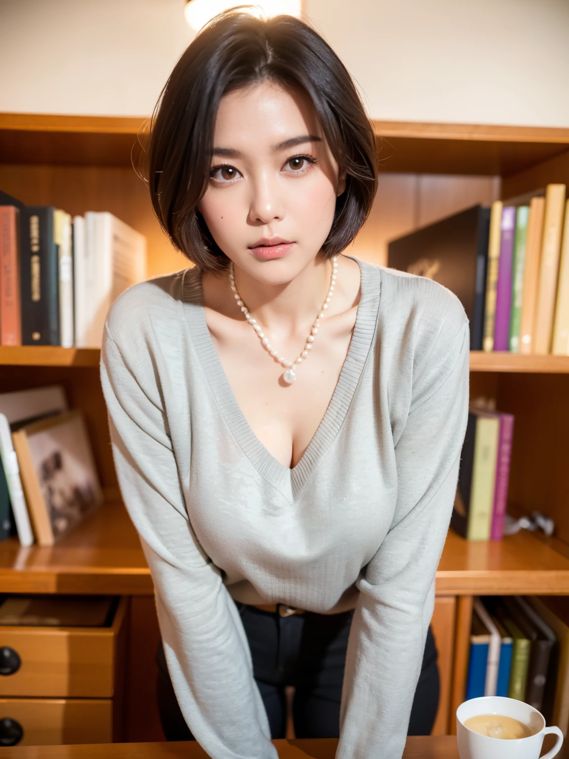 (highest quality, 8k, 32k, masterpiece, Ultra-high resolution:1.2),Beautiful Japanese Women Photos, (D cup breasts:1.4), Very short bob hair,Upper Body,Face Focus,(Light grey sweater:1.2),(Pearl Necklace:1.4), (A large library bookshelf in the background:1.3), From above, View audience,