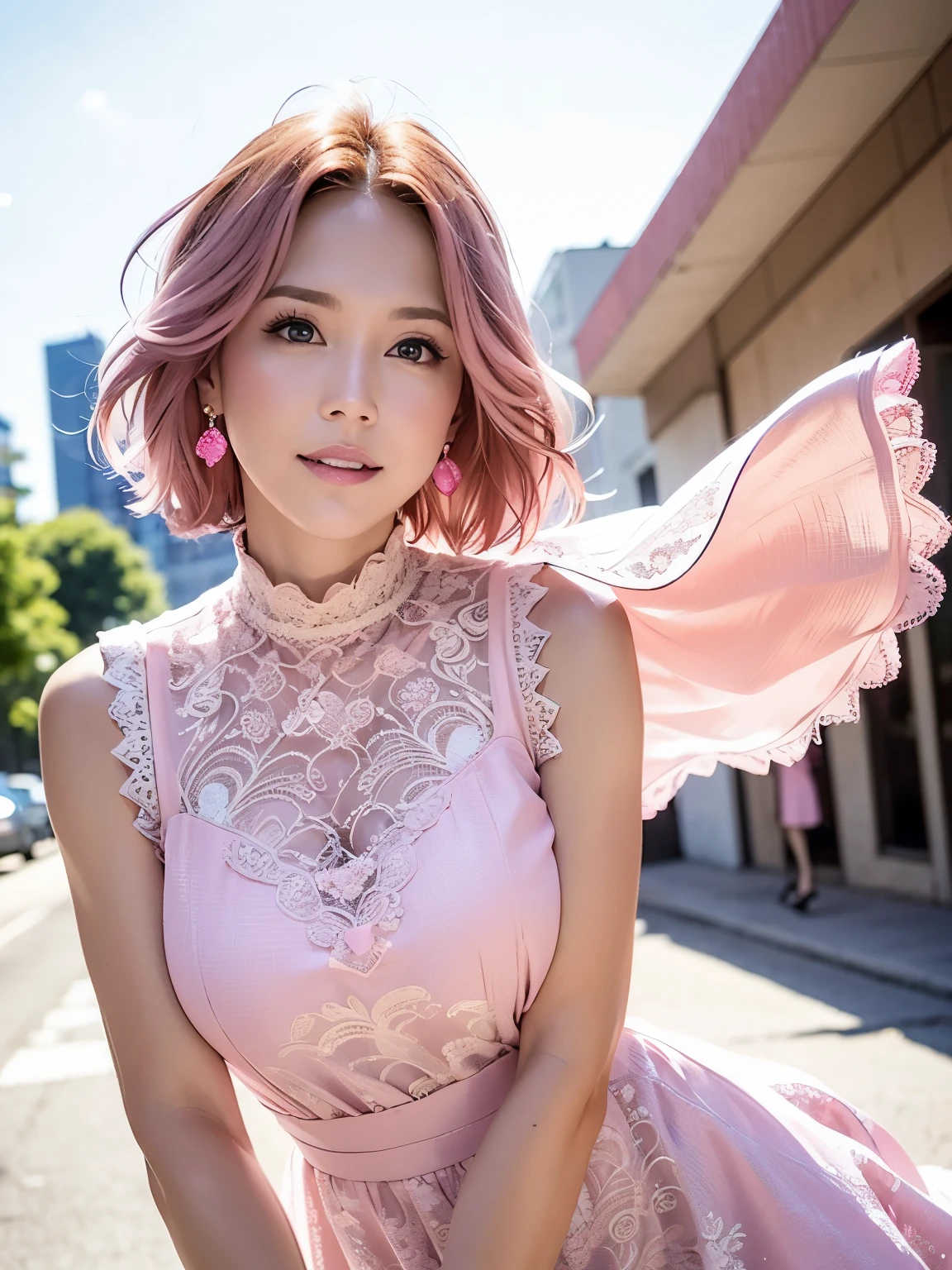 a woman posing on the street corner with Pink Dress on, highest quality, High resolution, 8k, 1people々々girl, (Huge breasts), Day, bright, Outdoor, (street:0.8), (people々々々, crowd:1), (Lace Trim Dresses:1.5, Pink clothes:1.5, Pink high neck dress:1.5, Sleeveless dress, Pink Dress: 1.5), Nice, (Medium Hair), Beautifully detailed skies, Beautiful earrings, (Dynamic pose:0.8), (Upper Body:1.2), Soft lighting, Wind, Shiny skin, View your viewers,