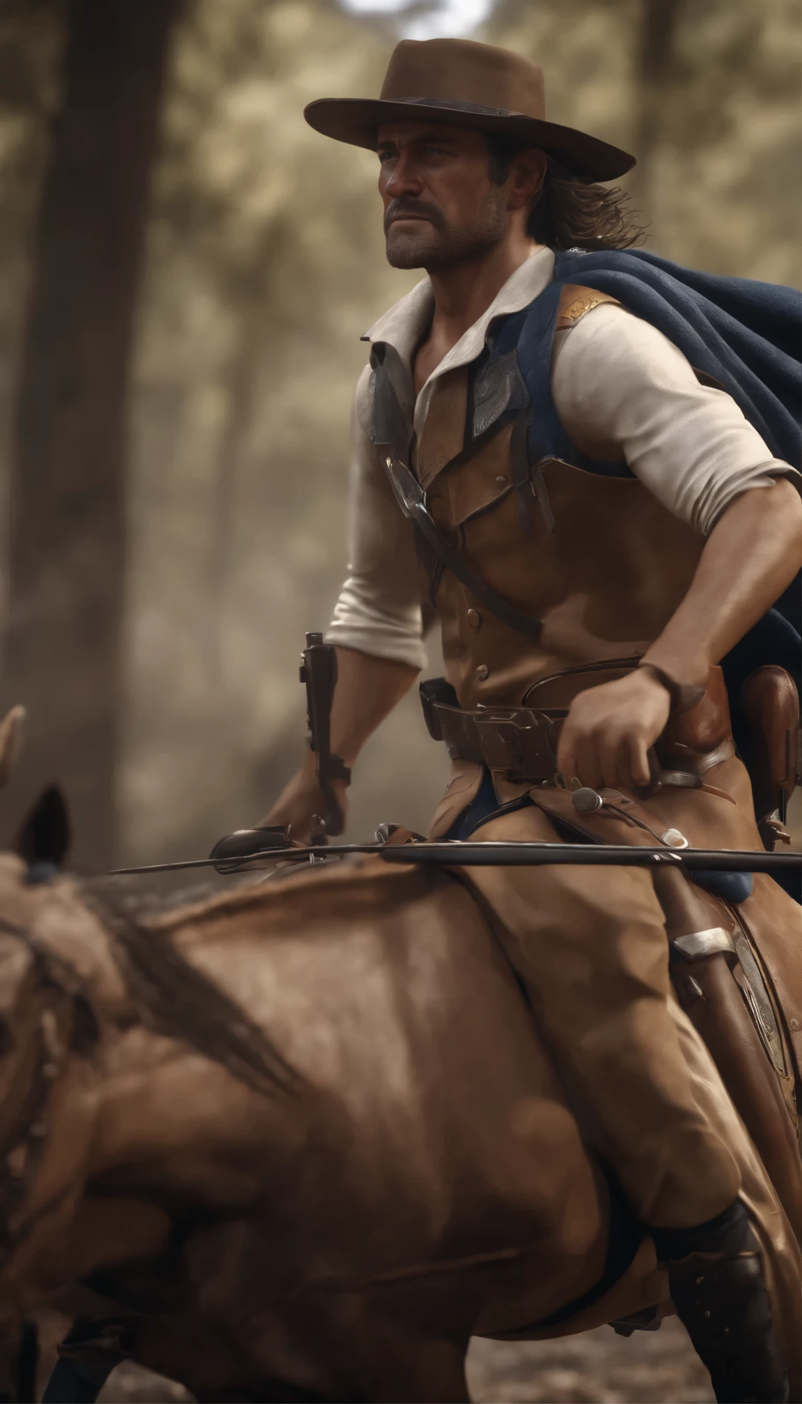 Maya、Blender、Ultra-realistic 8K Octane renders crafted in Photoshop、Cinematic atmosphere、dynamics、Creates dramatic cinematic lighting、Bring Arthur Morgan from Read Dead 2 to life。They wear futuristic gold uniforms with vibrant blue trim.、His muscular complexity and correct anatomical structure、Displayed in all its aesthetic beauty、It is a masterpiece of high resolution。The 12-caliber gun in his right hand、Accurately modeled、It is textured、Majestic(((Pegasus)))Sitting on a white horse、Dynamically posed Captain adds to the hyper-realistic storytelling