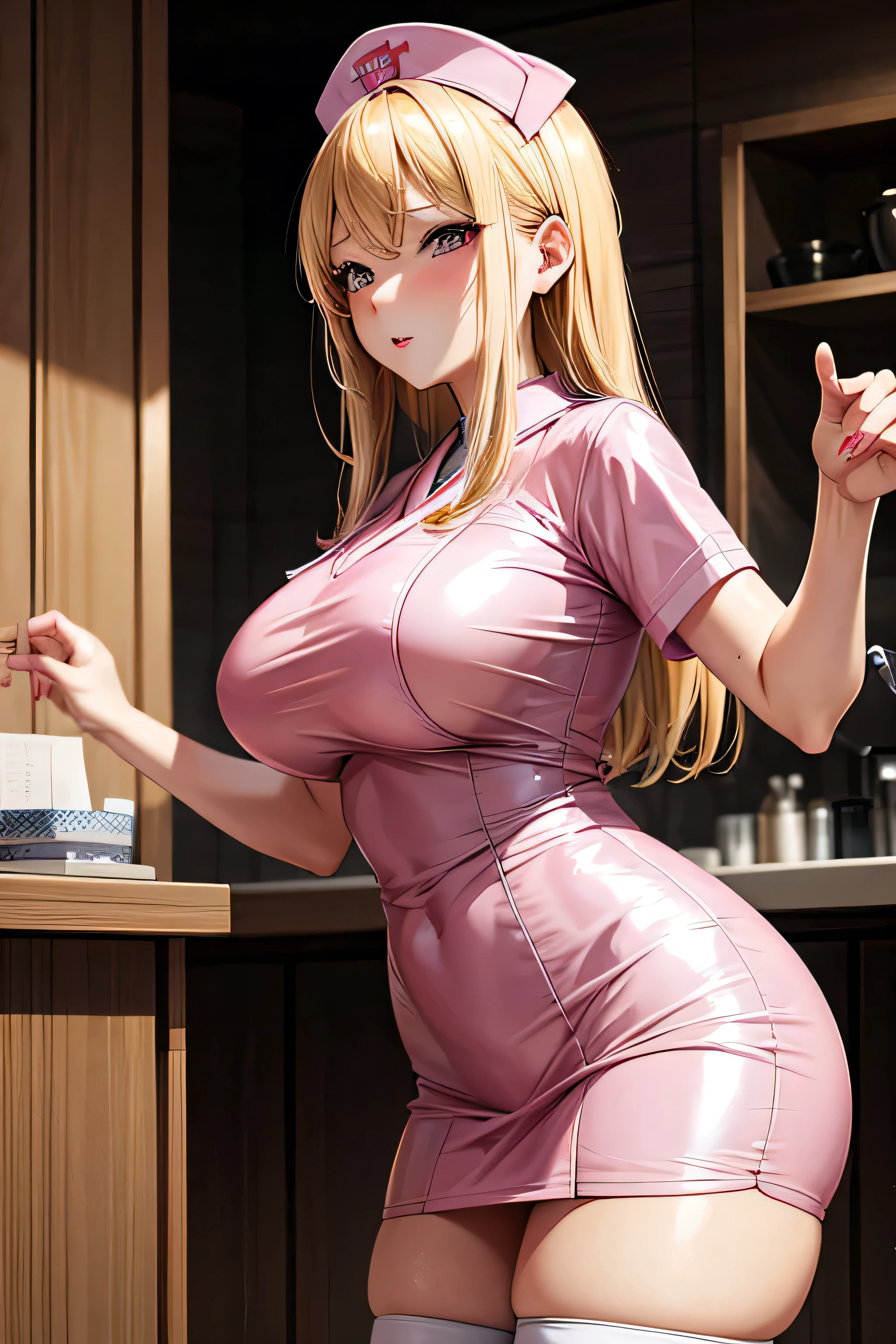 blonde marin kitagawa, pink eyes, sexy latex nurse, curvy