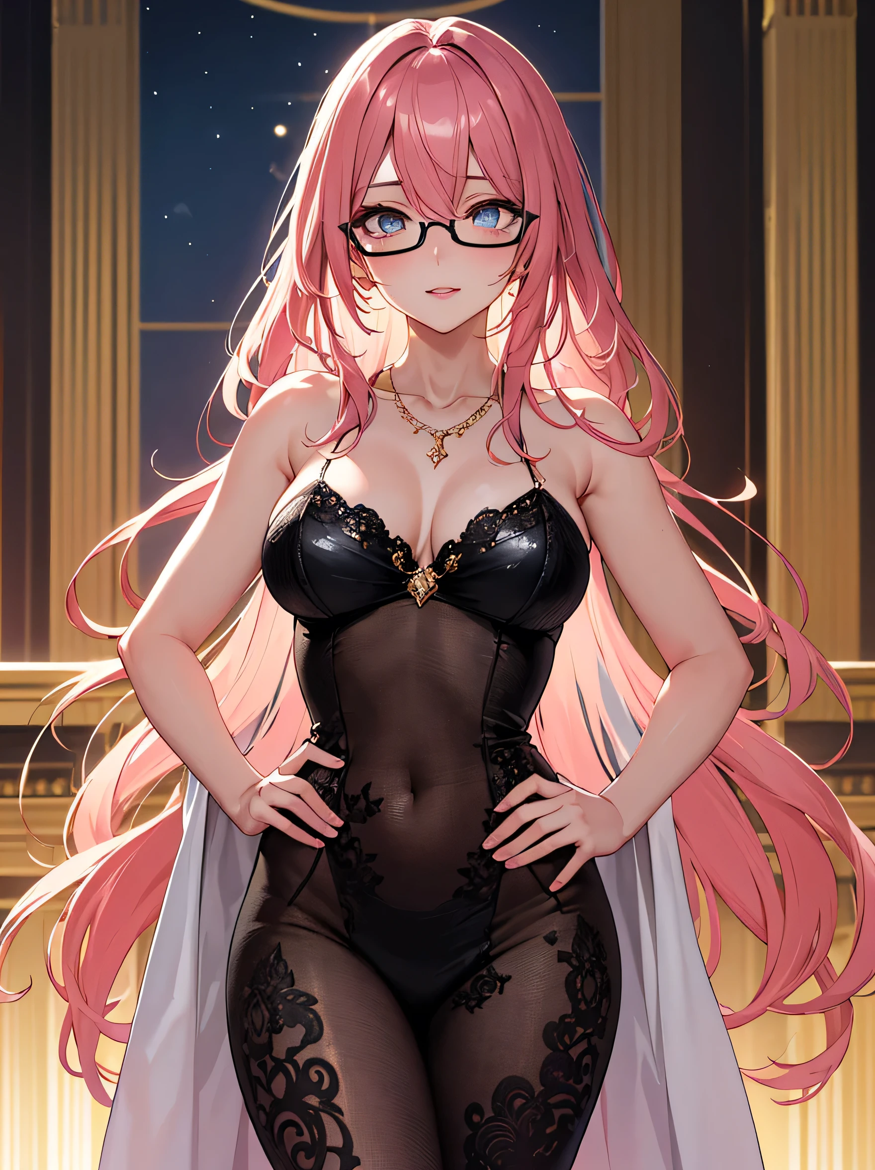 hair between eyes, long hair, pink hair, red glow eyes:1.1), pink hair,
BREAK wearing sexy golden gown
BREAK looking at viewer in a embarrassed way,hand on hip, lustful face
BREAK (masterpiece:1.2), best quality, high resolution, unity 8k wallpaper, (illustration:0.8), (beautiful detailed eyes:1.6), extremely detailed face, perfect lighting, extremely detailed CG, (perfect hands, perfect anatomy),in a royal palace party, holding hands in back, wearing a black glasses , a beautiful dimond necklace