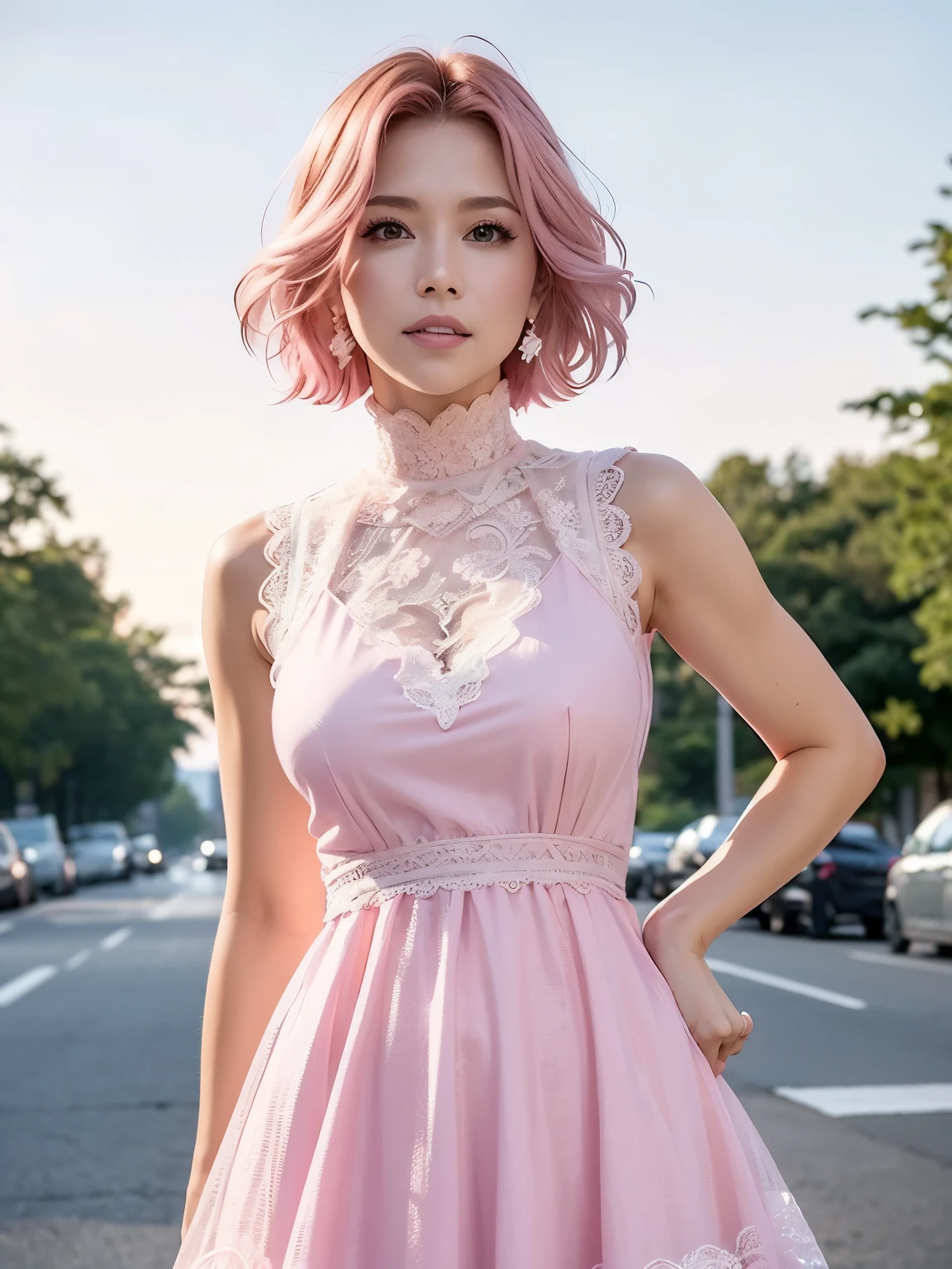 masterpiece, highest quality, High resolution, Absurd, One girl, crowd, skirt, Pink Hair, gasai yuno, From below, Revealing clothing, , Outdoor, sunlight, street, View Viewer, blush,
