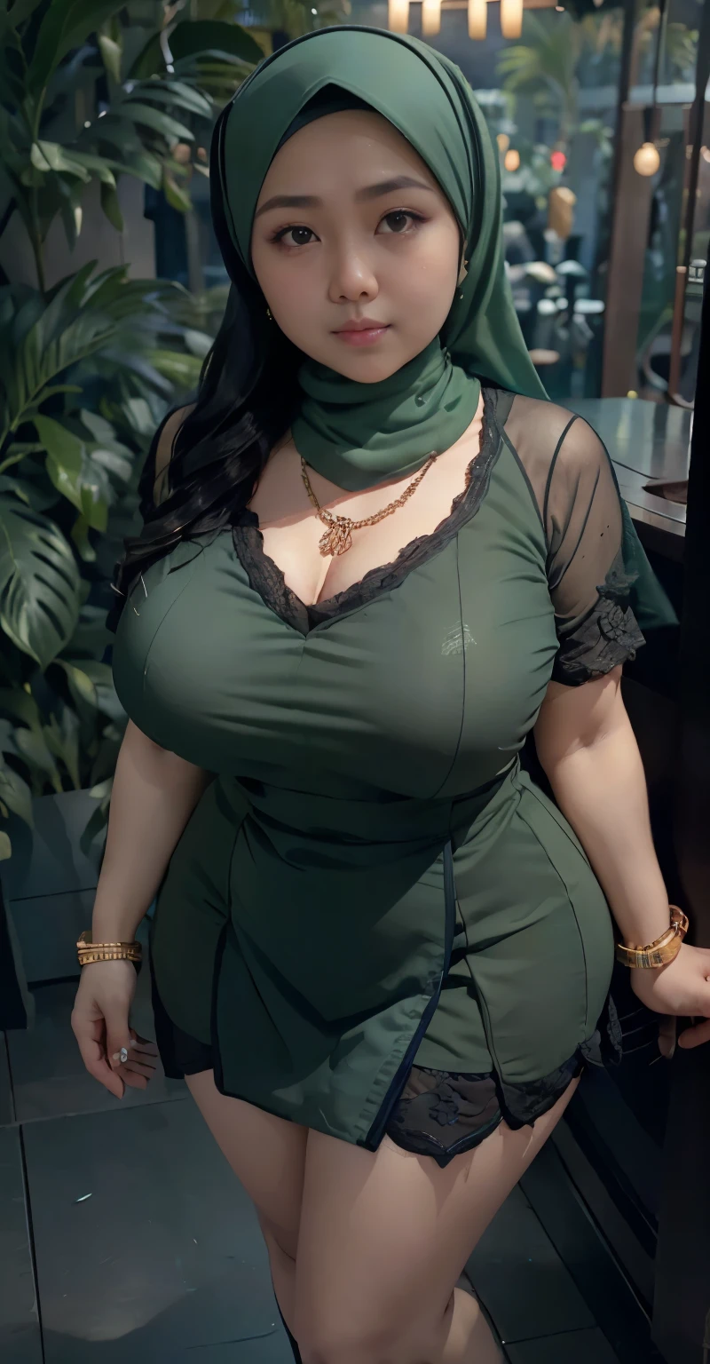 1 malay girl, modern plain hijab, shy, medium portrait, watery eyes, wearing dark green kebaya, ((big breasts)), black bokeh background, well-proportioned body,, chubby massive thighs, full body pose, wearing a necklace , wearing 10 bracelet , wearing a sneaker