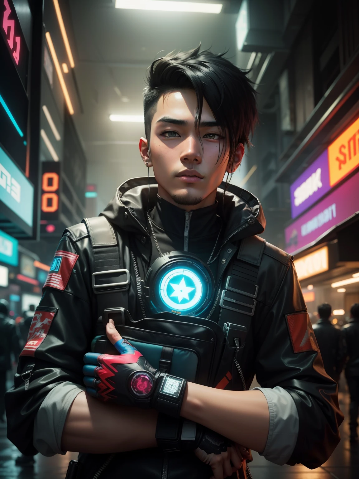 Change background, Handsome young cyberpunk. ager, Thai person, Realistic faces 8k, ultra realistic.