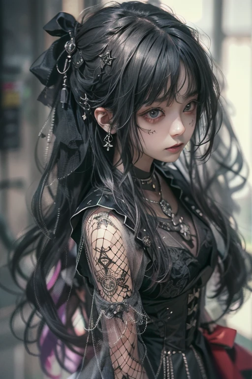 top-quality、8K、masterpiece:1.3、Gothic punk、Red inner color、A grey dark-haired、hair adornments、a beauty girl、creative、dark fantasy style、Neogos、Goth Fashion:1.2、hight resolution、masterpiece、top-quality、headw:1.3、((Hasselblad photo))、Fine-grained skin、Sharp Focus、(lighting like a movie)、Realistic texture m hair