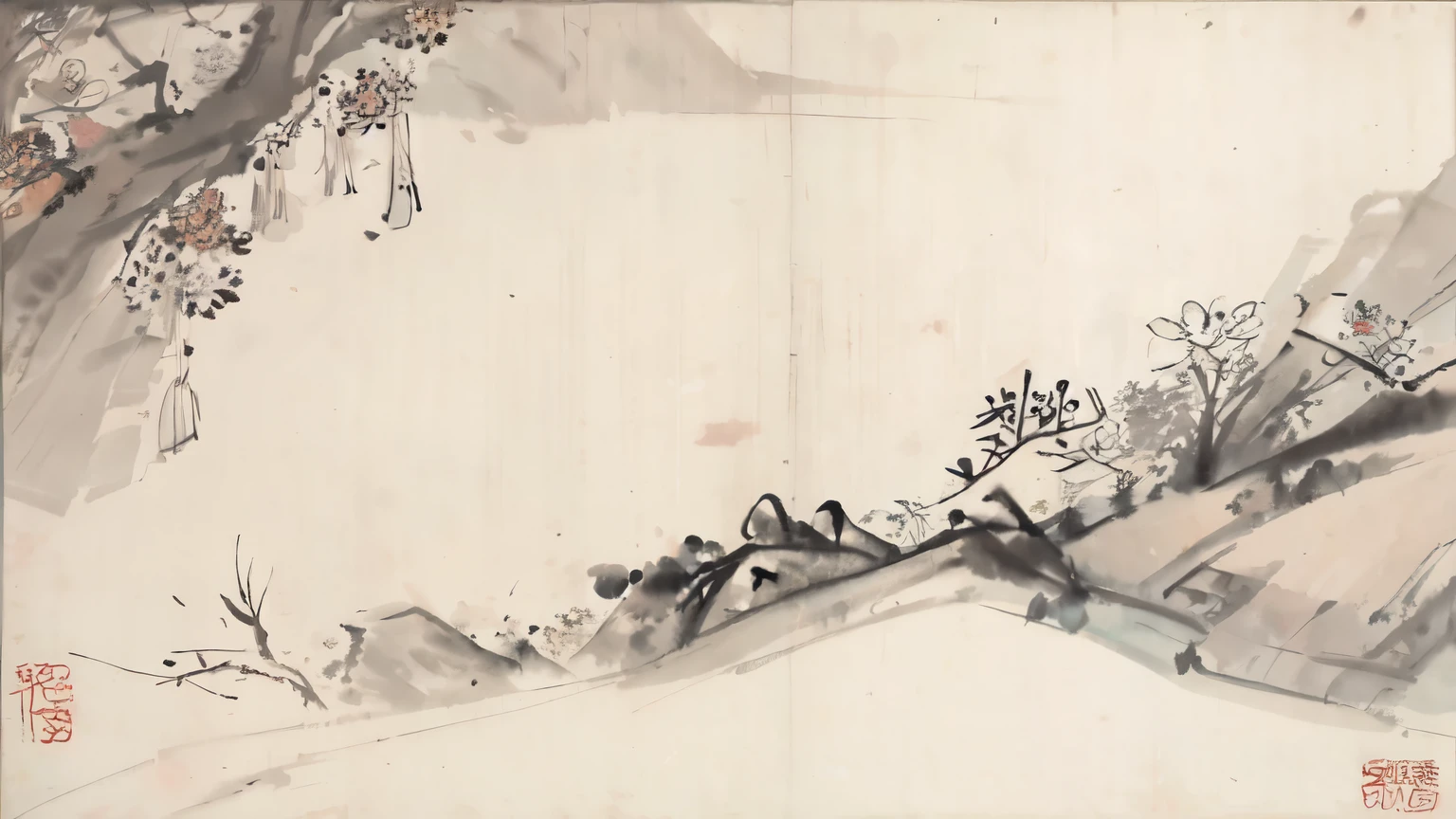 (masterpiece, best quality: 1.2), Traditional Chinese ink painting, houses，Trees，Flowers and Grass，Misty mountains in the distance