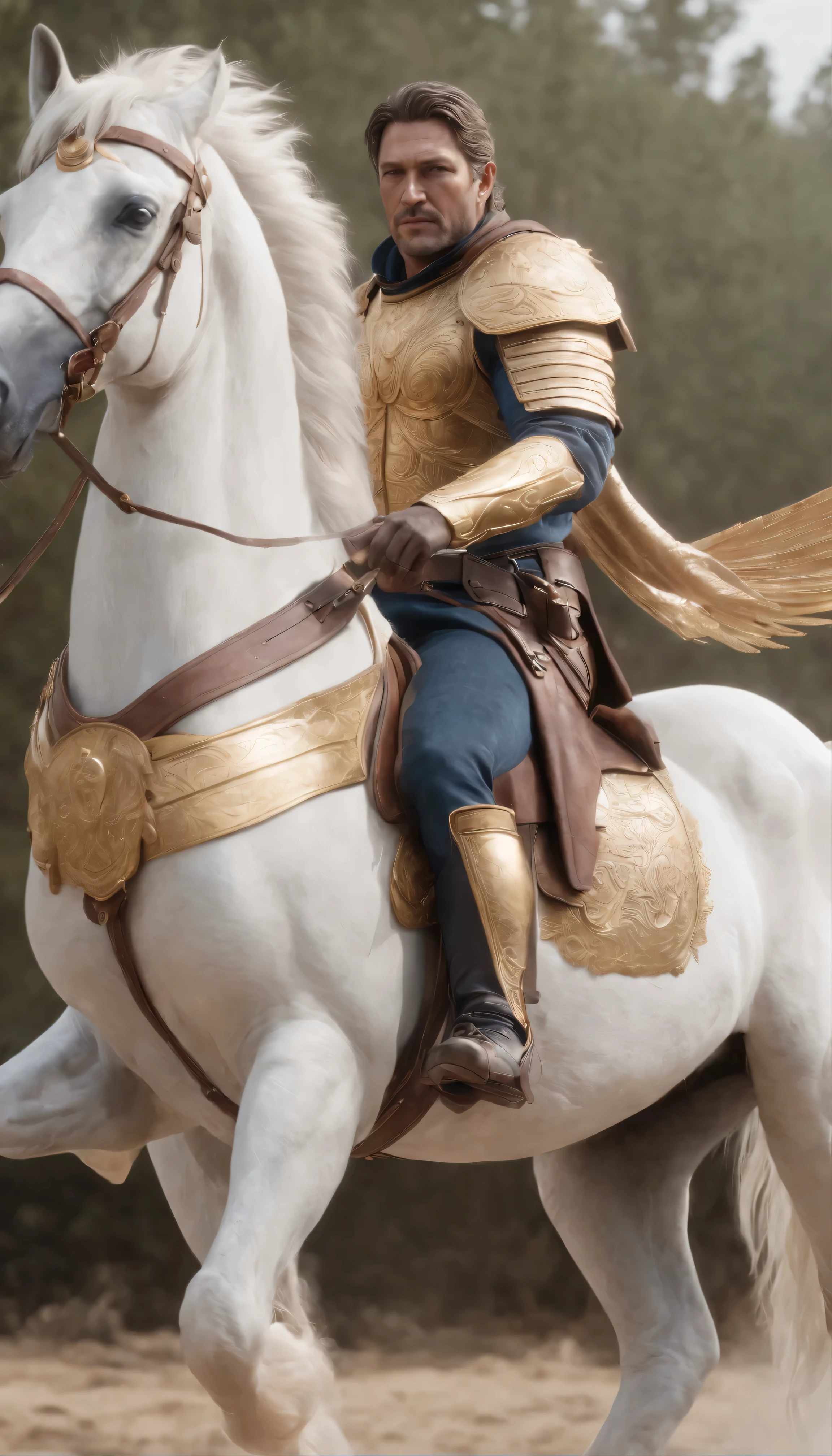 Maya、Blender、Ultra-realistic 8K Octane renders crafted in Photoshop、Cinematic atmosphere、dynamics、Creates dramatic cinematic lighting、Bring Arthur Morgan from Read Dead 2 to life。They wear futuristic gold uniforms with vibrant blue trim.、His muscular complexity and correct anatomical structure、Displayed in all its aesthetic beauty、It is a masterpiece of high resolution。The 12-caliber gun in his right hand、Accurately modeled、It is textured、Majestic(((Pegasus)))Sitting on a white horse、Dynamically posed Captain adds to the hyper-realistic storytelling