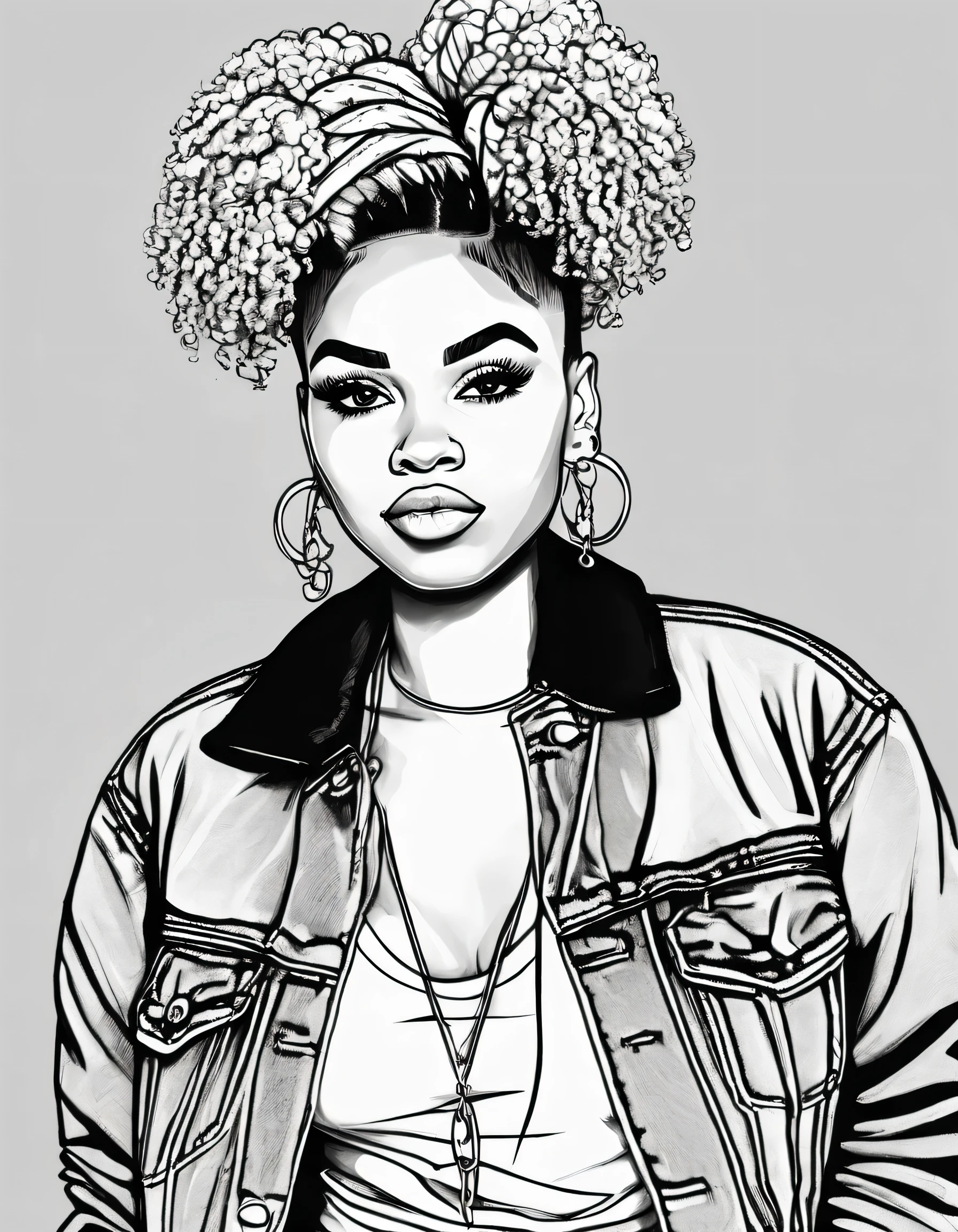 black and white character concept design for a coloring page, line art，Fashion design sketch，High quality illustration，meticuloso，pencil drawing，pen painting，of A fashion-forward African American girl with a white trendy afro puff hairstyle adorned with colorful hair clips. She wears a crop top with high-waisted mom jeans, layered with a denim jacket tied around her waist. Her eyes pop with bold eyeliner, and she accessorizes with statement earrings, layered necklaces, and platform sneakers.

