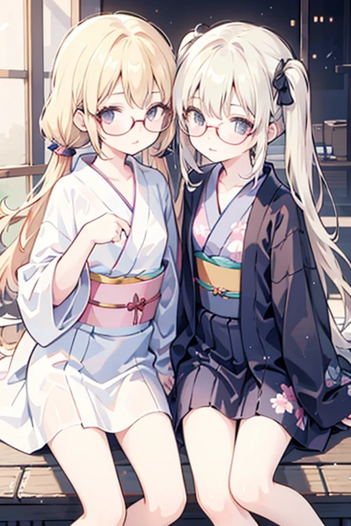 Two Girls,girl friend,micro yukata,Unbuttoned,Blonde twin tails,The yukata is transparent, ((younger sister:1.5)),Glasses,Flat Chest,