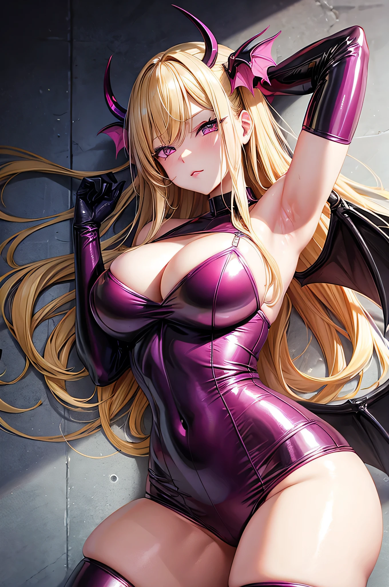 blonde marin kitagawa, pink eyes, sexy latex succubus, curvy, evil, wings, succubus tail