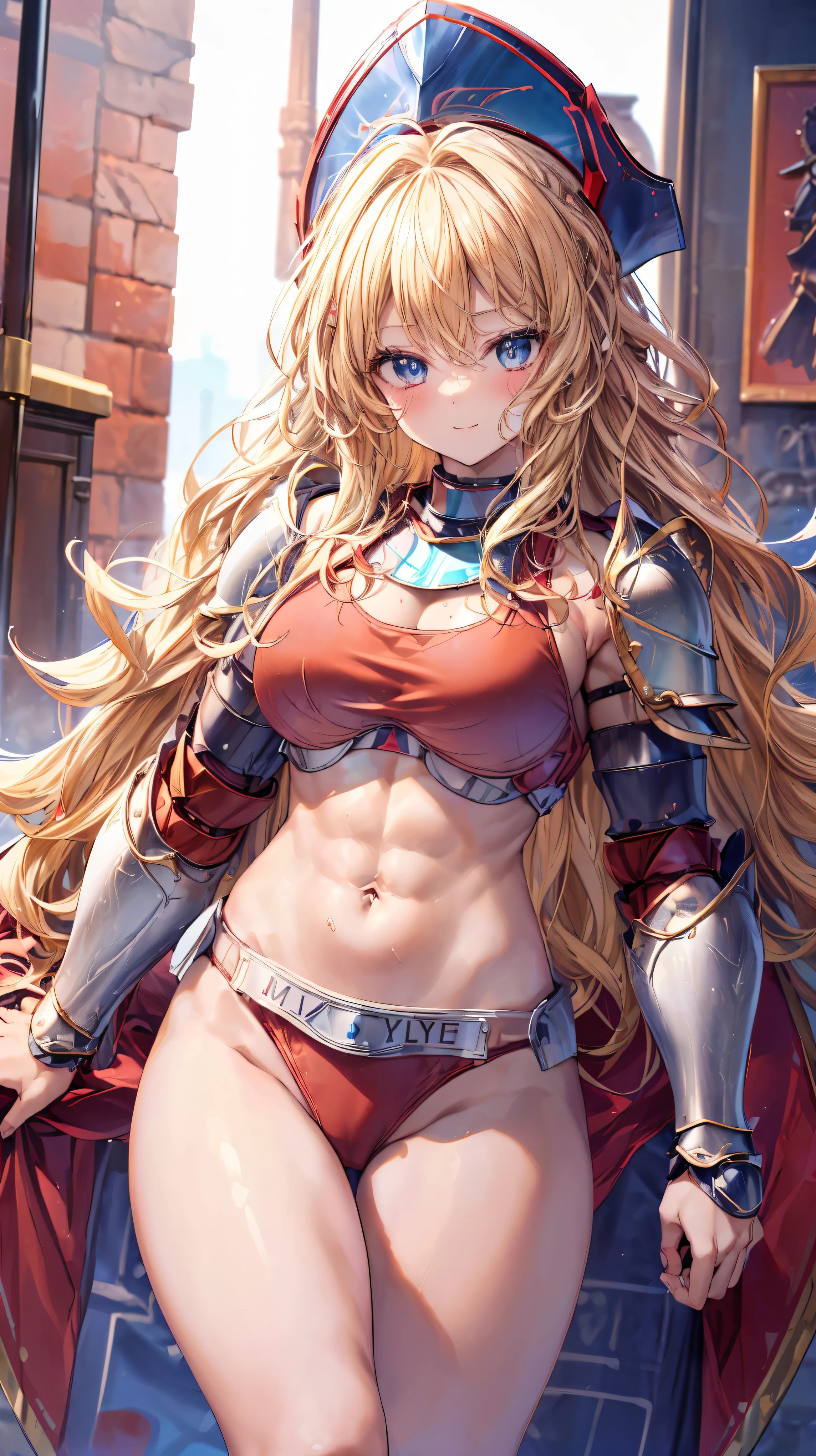 Very detailed、highest quality、Best image quality、masterpiece、8k、Anime Face、A kind smile、Open your mouth、Sparkling blue eyes、(Blonde wavy hair:1.5)、、Muscles of the whole body、camisole、Thigh belt、mini skirt、(Wearing red bikini armor:1.5)、(Cowboy Shot:1.5)、(Leg armor:1.5)、Wearing a helmet