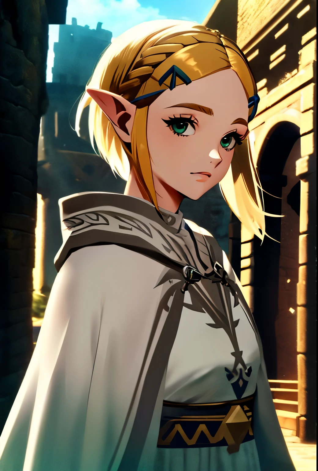 ((best quality)),((masterpiece)),((strikingly beautiful)), totk, short hair, capelet, the legend of zelda, nintendo, white dress, dress,
pricess zelda,