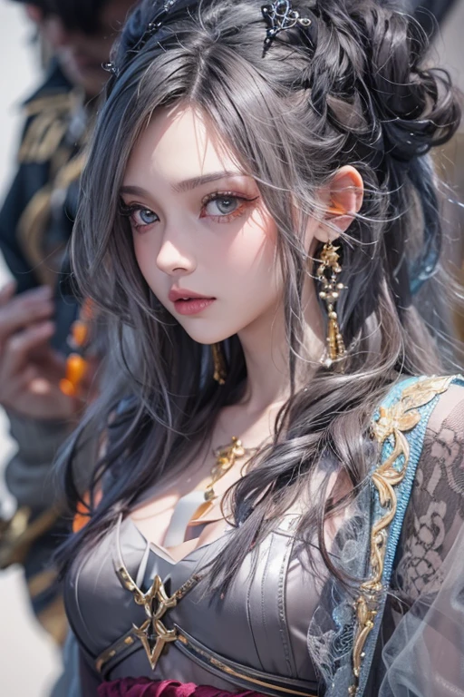 High quality, masterpiece, masterpiece, delicate facial features, delicate hair, 1 girl, delicate eyes, delicate colored hair, 4K picture quality, gorgeous light and shadow, (pov_across_table), Tyndall effect, halo, messy hair, youthful state, gorgeous scene, exquisite clothes, chains, feathers, ancient Chinese beauty with big eyes very detailed, digital painting, art station, concept art, sharp focus, illustration, Greg Rutkowski, Alphonse Artwork by Mucha and Victor Ngay