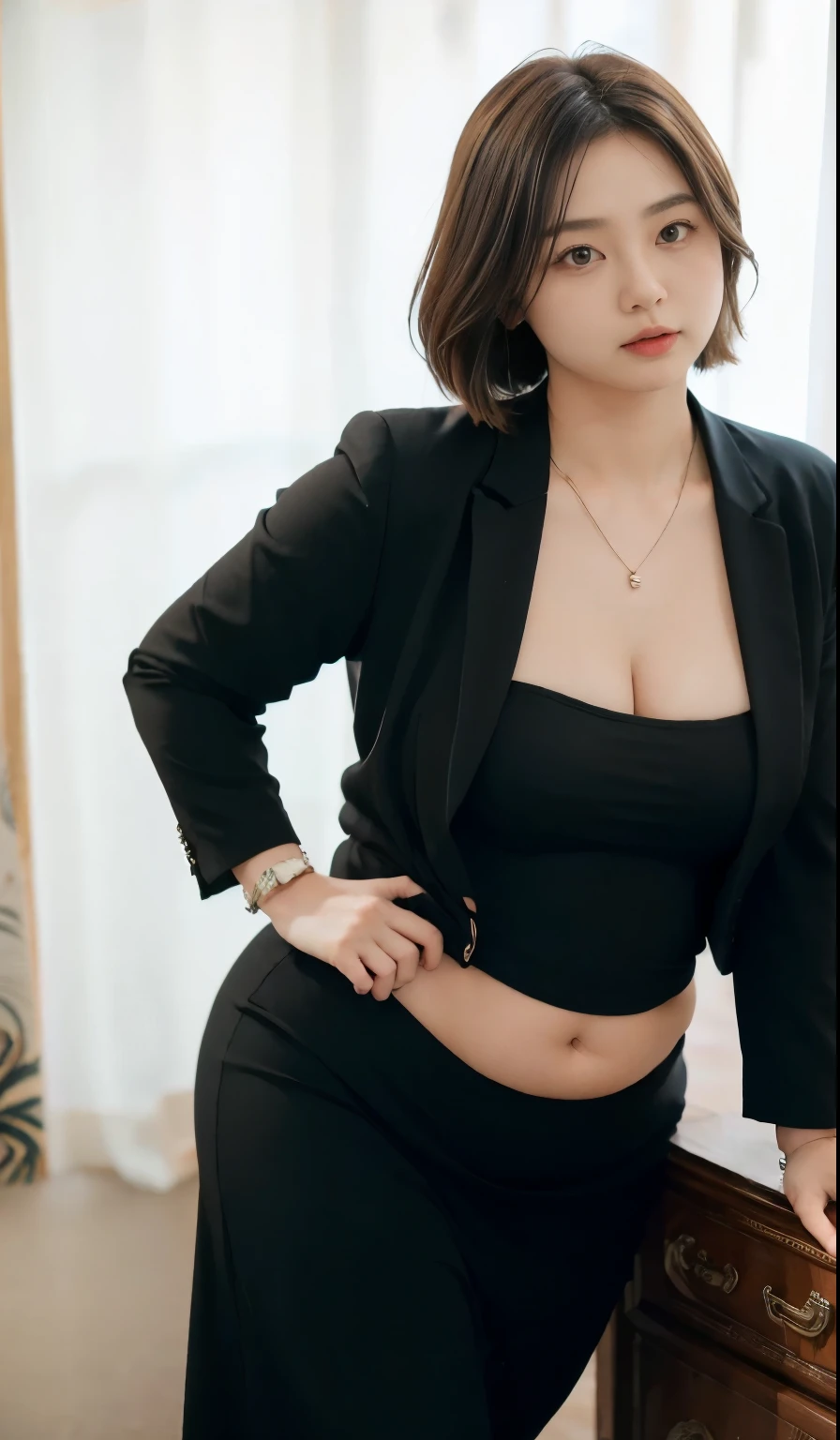 realisitic、Curvaceous woman standing alone, Woman in black business suit, with a business suit on, businesswoman, Woman in business suit, Wearing a white collar shirt under a suit、thick skirt、tight skirts、Girl in a suit, female in tight office dress, , Girl in suit, young business woman, in a business suit, business outfit, Wear a suit、Office Suits、、professional photograpy、Does not expose the skin, Japanese Models,、,The skin is not exposed、fleshy body, large boob、 hard 、、big butts、Big belly、thick waist、Body without tone、thick thight、thick arms、Round face、Fat face、chubby cheeks、Sauce order、big eye、A dark-haired、short-haired、Standing facing the front、Left hand pose on the hip、Right hand is down in a pose、Straight back posture、Sun background、chinese-Indonesian woman , full body , bracelet , necklace , , short hairstyle , fat belly , thick hips , dark room , baby face , chubby cheeks , black room