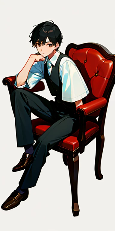boy, front, Chair, Hold your knees, White Shirt, Brown vest, Black Hair, Beautiful Face, sight, Simple Background, whole body, Slender, Leather shoes,