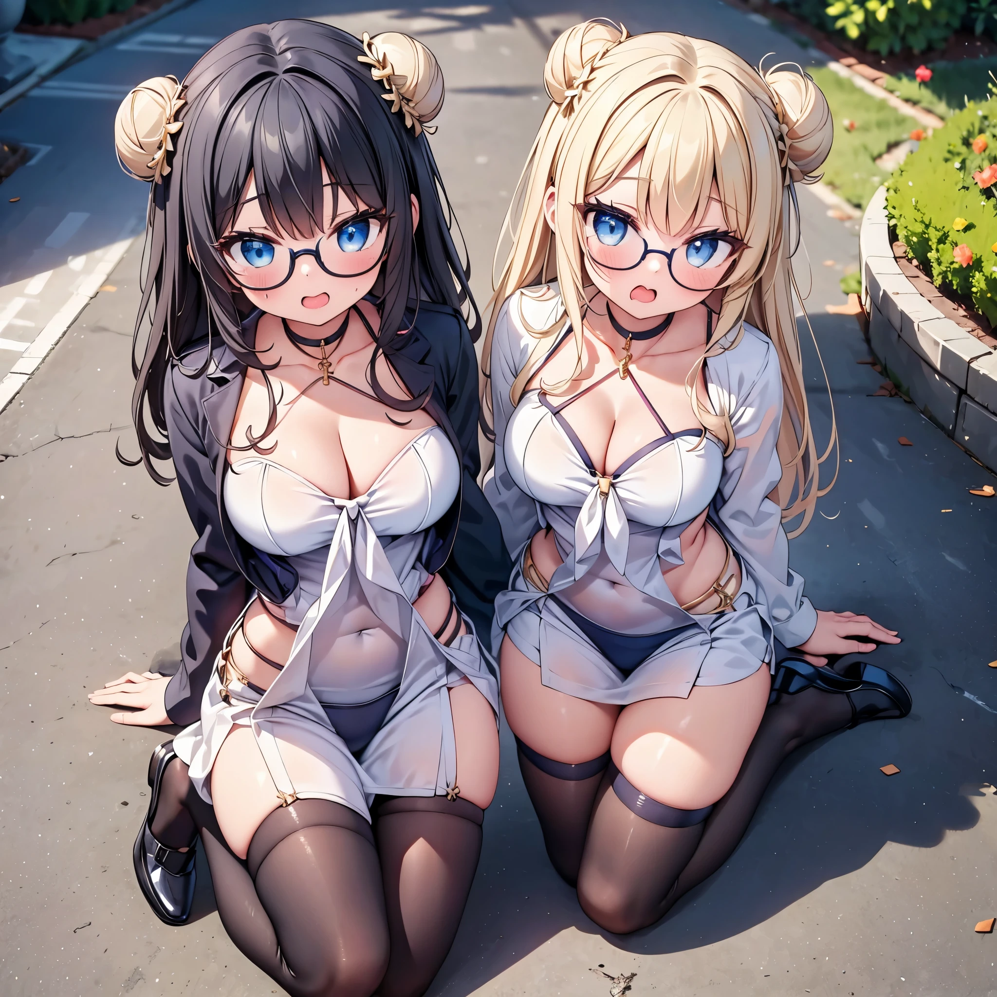 highest quality,wonderful,finely,extremely detailed CG Unity 8K wallpaper, (Stand in line:1.2), (3 girls, cute eyes, Black Hair, Blue Eyes, Glasses, double bun, clothed), (sparkling eyes:1.2), (midium breasts), (wariza:1.4), (cleavage), (open mouth:1.1), (long tongue:1.1), (mouth drool:1.1), (black stockings:1.1),(Thighs:1.2),(Waistline:1.1),(Waistline), (From above:1.4)