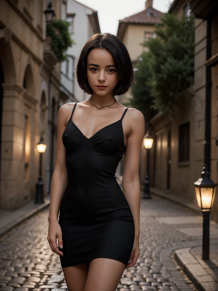 Alizee Jacotey, slim 16-year-old teenager, small breasts (small breasts: 1.2), skinny build, short black pageboy hair, photo quality, eye shadow and lipstick, portrait poses, stands on a cobblestone square at night by a street lamp glowing red  to make a sophisticated portrait, wearing a black midi dress, straight midi dress with straps, low neckline.