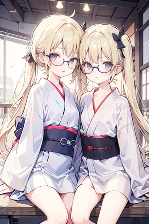 Two Girls,girl friend,micro yukata,Unbuttoned,Blonde twin tails,Disheveled clothes,The yukata is transparent, ((younger sister:1.5)),Glasses,Flat Chest,