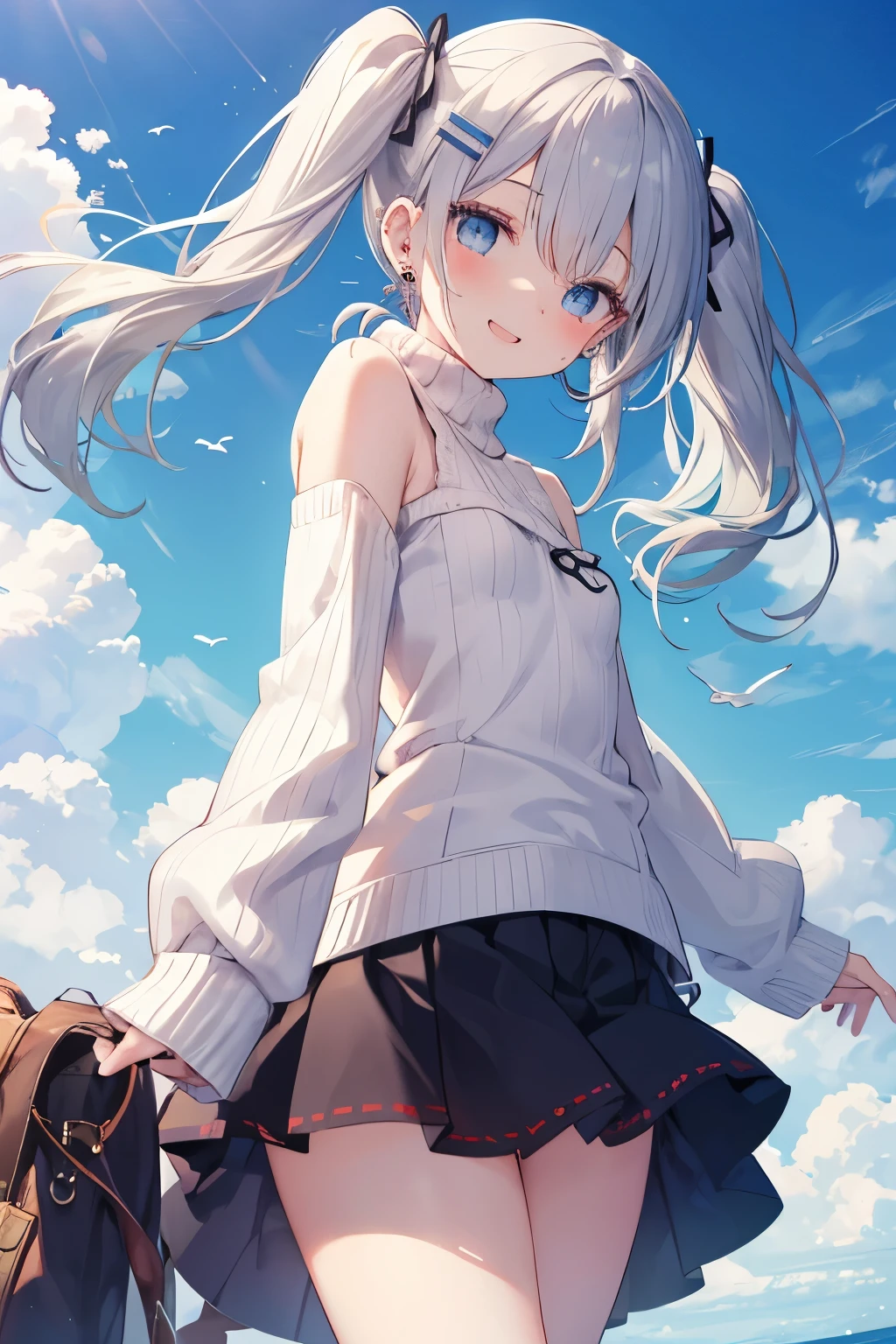 Silver-haired blue eyes、 girl、Small breasts、Twin tails、Laughter、Nico Nico Smile、Wink、 girl、Looks about 15 years old、Petan Musume、short、There are highlights in the eyes、Gal-like appearance、Wearing piercings、Knit sweater, sleeveless, body line, underarm、mini skirt、The wind is blowing and my panties are showing through my skirt、It was so hot that I sweated、blue sky、Light and cute、Show your armpits、Side view